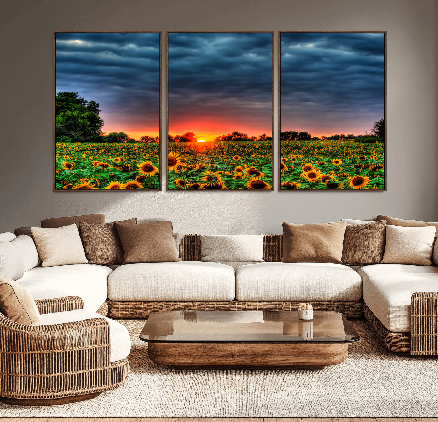 -Golden Sunflower Field at Sunset – Breathtaking Sky and Vibrant Flowers, Ready to Hang Wall Art