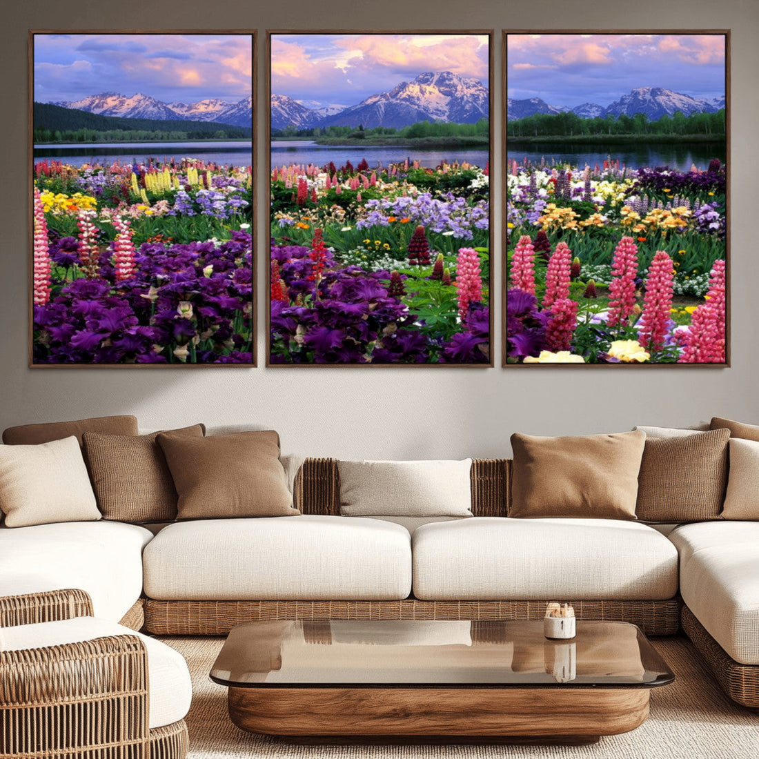 Vibrant Wildflower Garden and Mountain View Giclee Canvas Print, Floral Wall Art for Living Room
