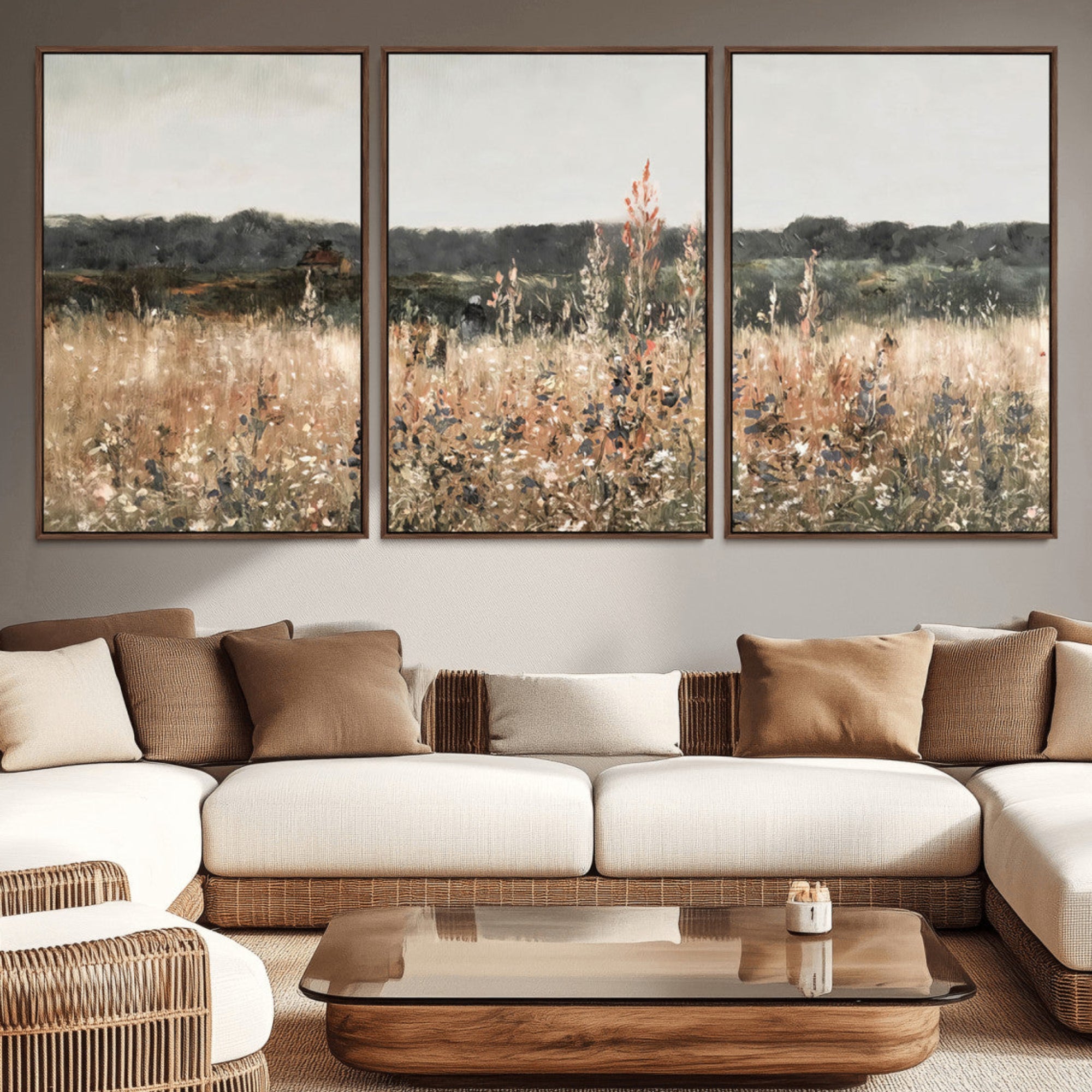 16595-MGV-CV-36X24-Rustic Field Landscape Wall Art Print, Giclee Canvas Wall Art for Modern Homes, Warm Meadow and