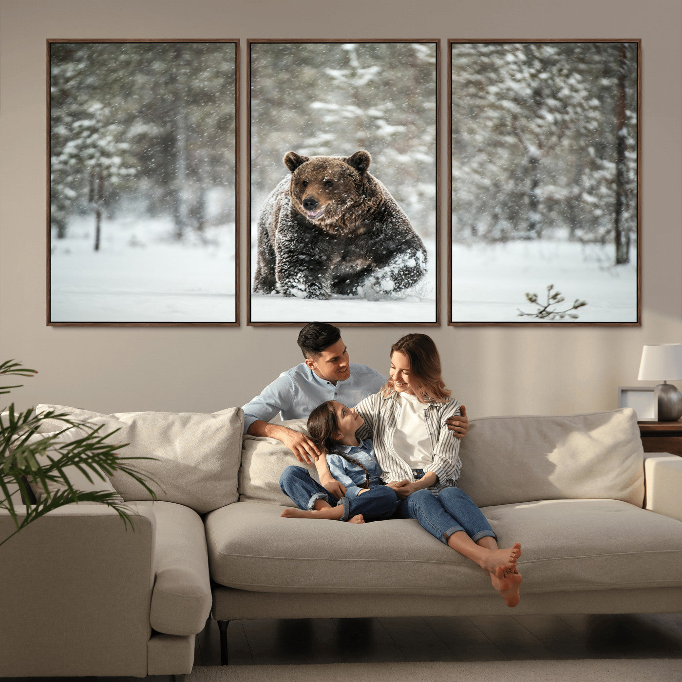 A majestic brown bear moves through a snowy forest landscape, surrounded by falling snowflakes, capturing the essence of wildlife in winter.