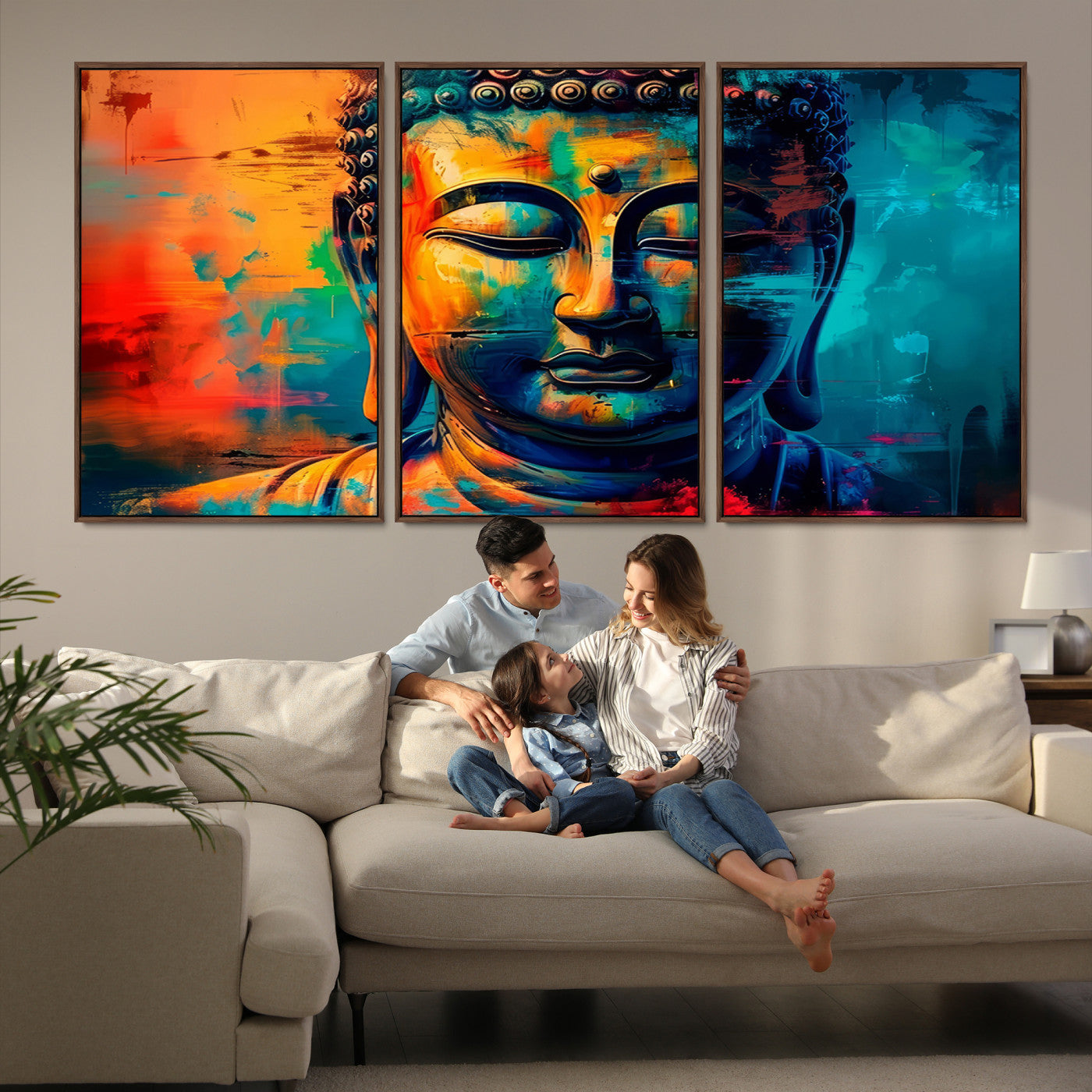 A vibrant, abstract artistic rendition of a Buddha statue face, blending bold and contrasting colors to evoke a sense of peace, spirituality, and enlightenment.