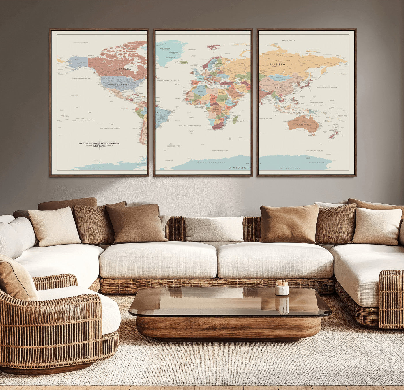 19241-MGV-CV-36X24-World Map Canvas Print – Framed Minimalist Travel Map Wall Art, Neutral Toned Push Pin Map for Home Office or Study Decor