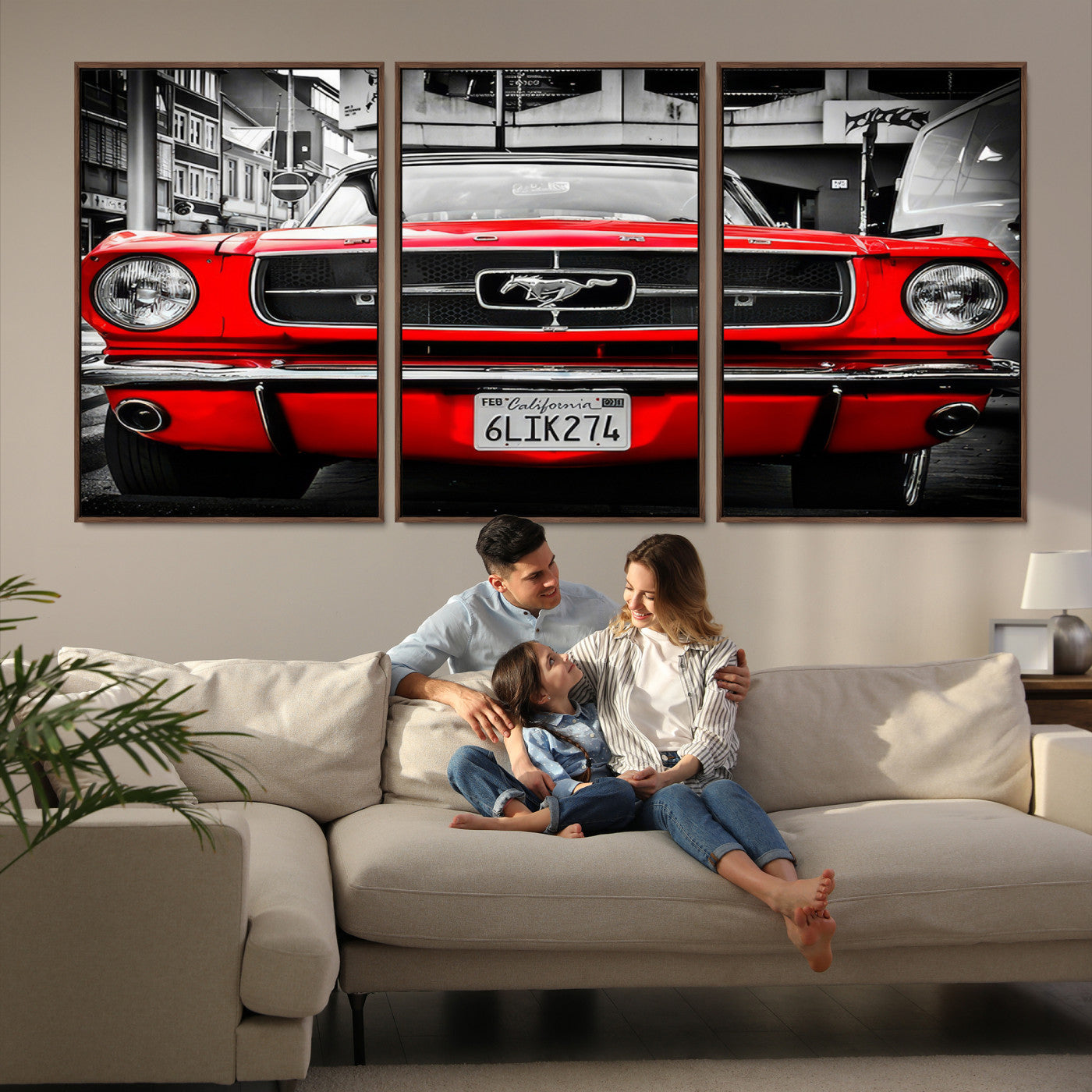 Front view of a bold red 1960s Ford Mustang parked in an urban environment, captured in dramatic contrast with a black-and-white city backdrop, emphasizing its timeless American muscle car identity.