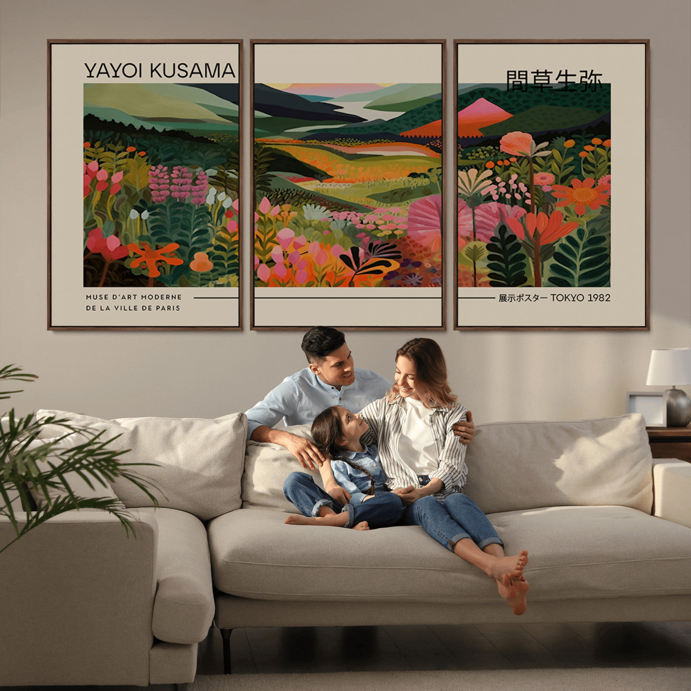 MGV-FC-60X30-3P - Yayoi Kusama Landscape Canvas Print, Vibrant Floral Mountain Art Print, Botanical Flower Nature