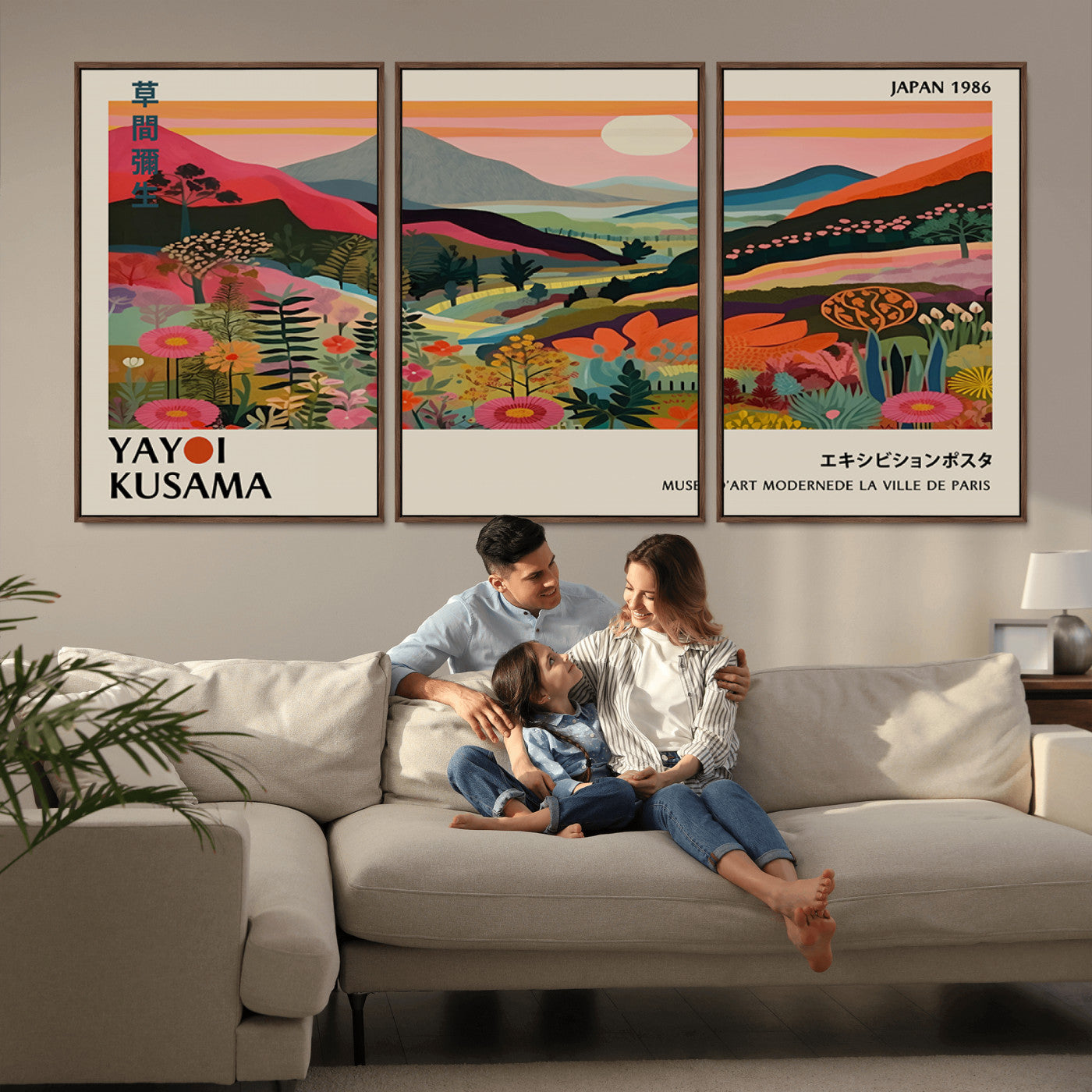 MGV-FC-60X30-3P - Yayoi Kusama Landscape Canvas Print, Vibrant Floral Mountain Art Print, Botanical Flower Nature
