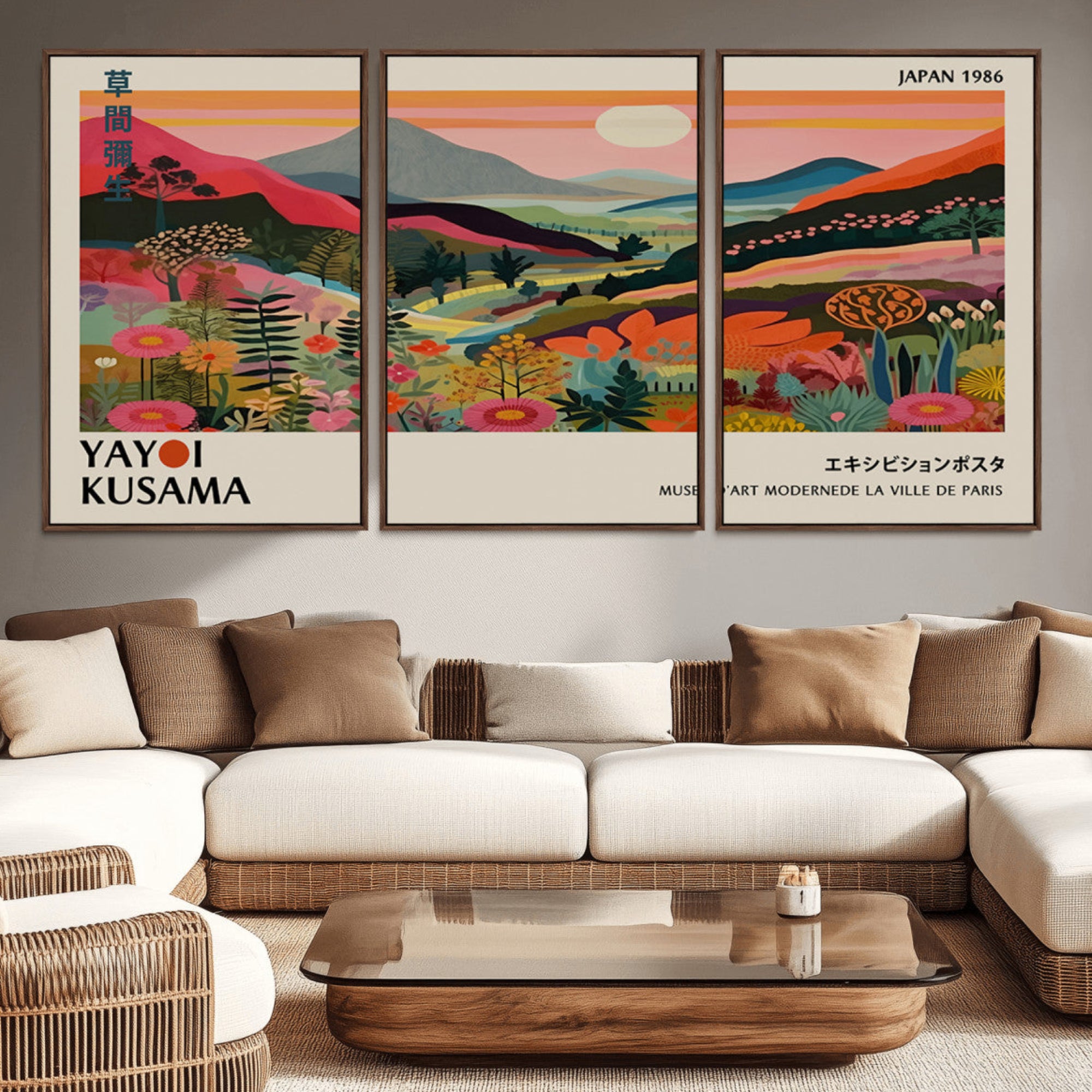 87360-MGV-FC-93X47-3P_Black-Yayoi Kusama Landscape Canvas Print, Vibrant Floral Mountain Art Print, Botanical Flower Nature