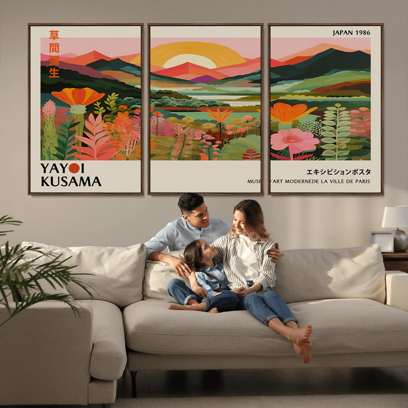 MGV-FC-60X30-3P - Framed Yayoi Kusama Print, Vibrant Floral Mountain Art Print, Botanical Flower Nature Decor, Sunset
