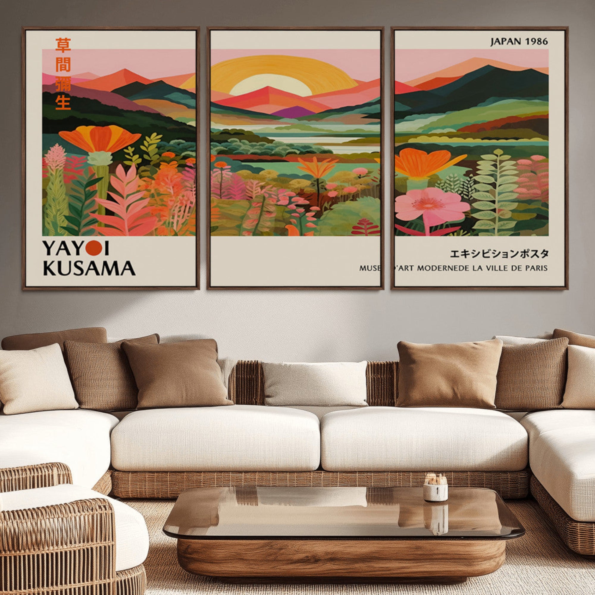 15153-MGV-CV-36X24-Framed Yayoi Kusama Print, Vibrant Floral Mountain Art Print, Botanical Flower Nature Decor, Sunset