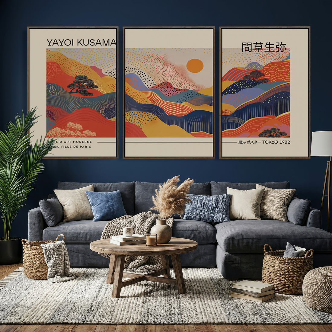 Yayoi Kusama Landscape Canvas Print, Vibrant Floral Mountain Art, Botanical Sunset Scenery
