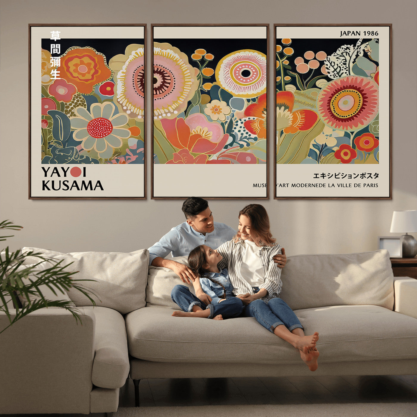 MGV-FC-60X30-3P - Yayoi Kusama Landscape Canvas Print, Vibrant Floral Mountain Art Print, Botanical Flower Nature Decor, Sunset Scenery Artwork