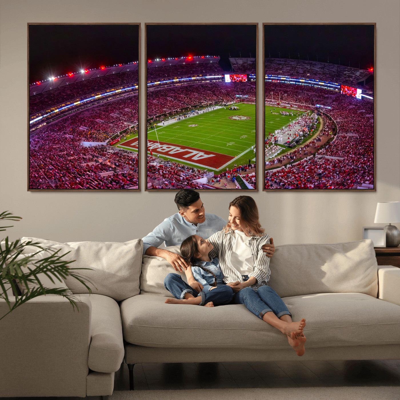 MGV-FC-60X30-3P - Bryant-Denny Stadium Night Game Triple Canvas Wall Art - Alabama Crimson Tide Football Match