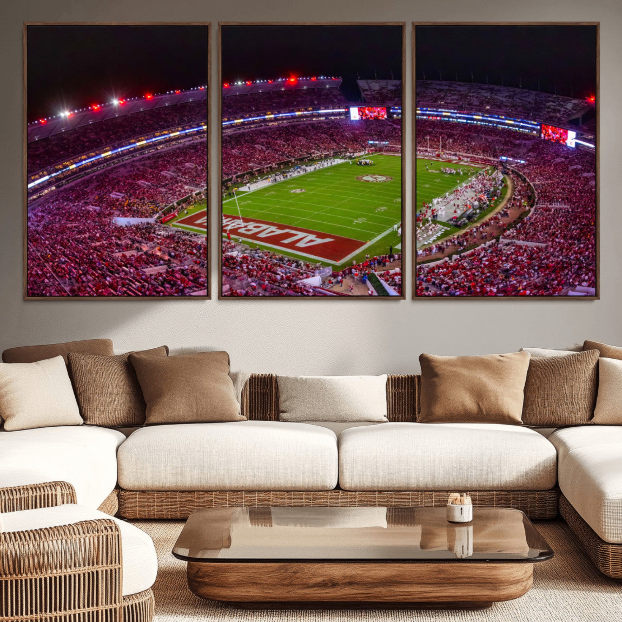 11343-MGV-CV-36X24-Bryant-Denny Stadium Night Game Triple Canvas Wall Art - Alabama Crimson Tide Football Match