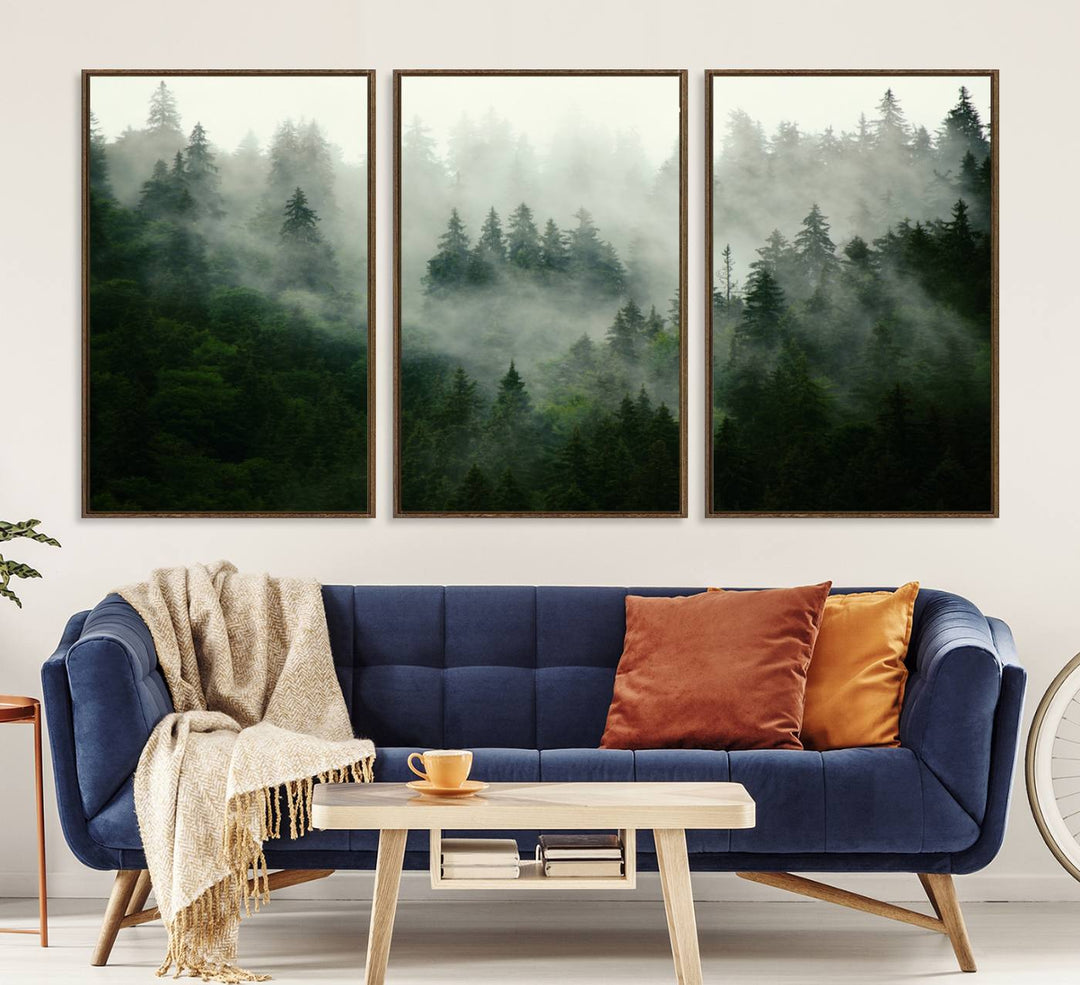 Misty Forest Mountain Wall Art: A 3-panel foggy landscape canvas print, ideal for enhancing home decor with natures beauty.