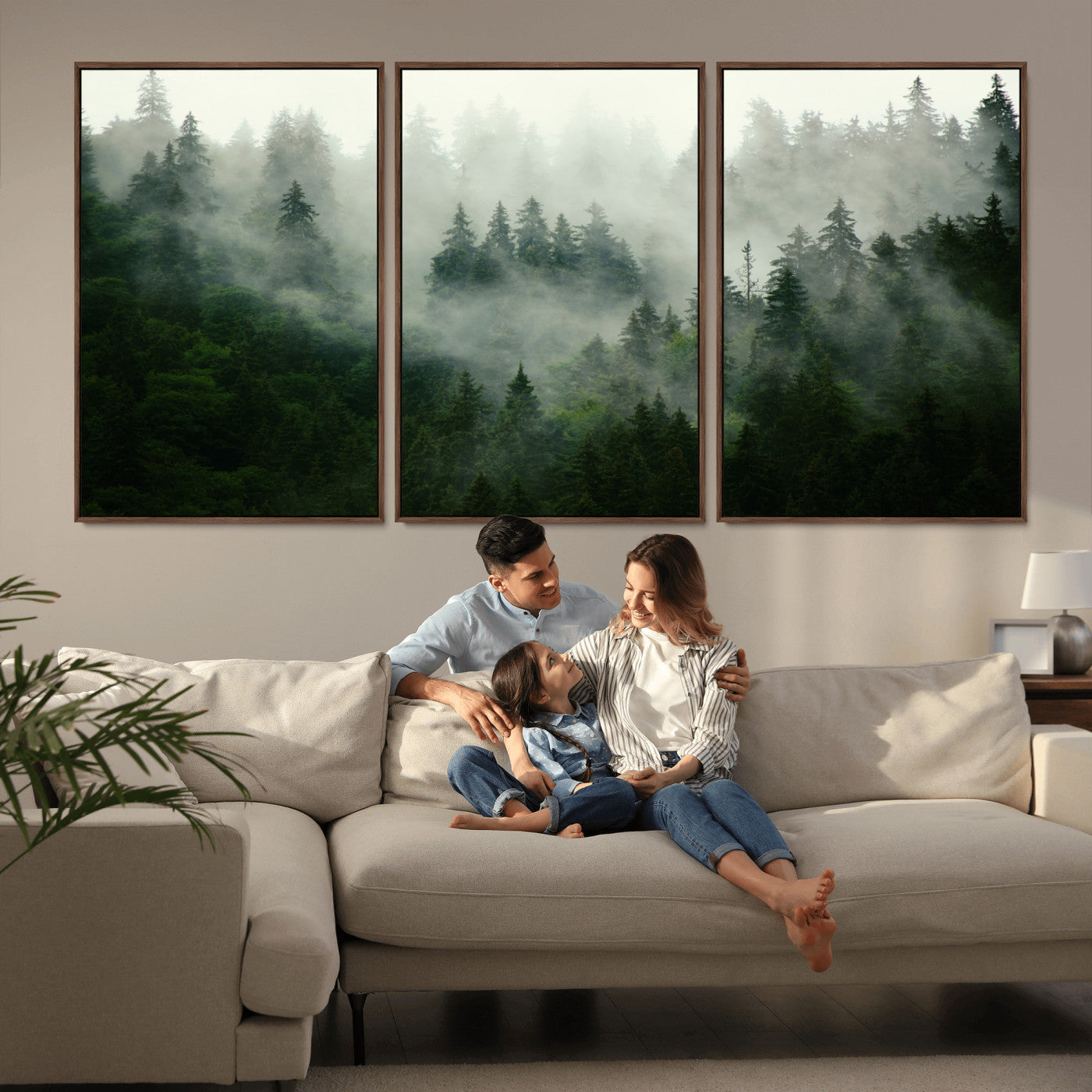 MGV-FC-60X30-3P - Misty Forest Mountain Wall Art Canvas  | Large 3-Panel Foggy Landscape Canvas Print | Nature Misty