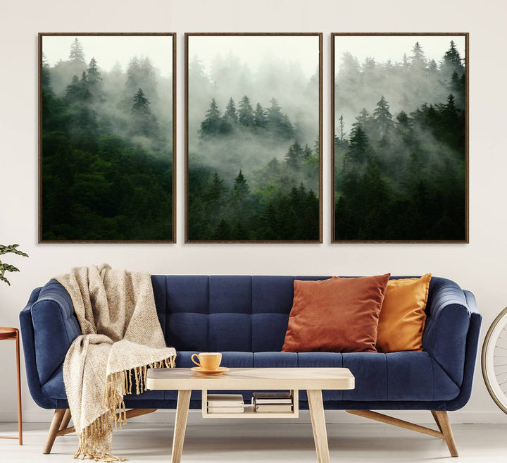 Misty Forest Mountain Wall Art | Large 3-Panel Foggy Landscape Canvas Print | Misty Forest Canvas Art | Nature Wall Art for Home | Mountain Fog Print