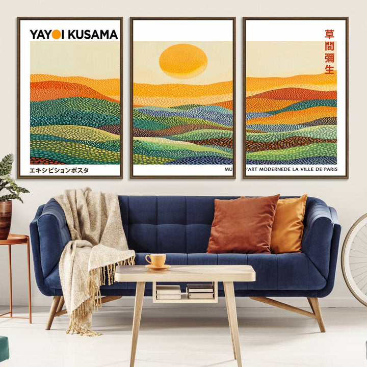 Framed Yayoi Kusama 1986 Wall Art: A vibrant abstract landscape featuring Wabi Sabi hills and a sun, created by the Japanese artist.