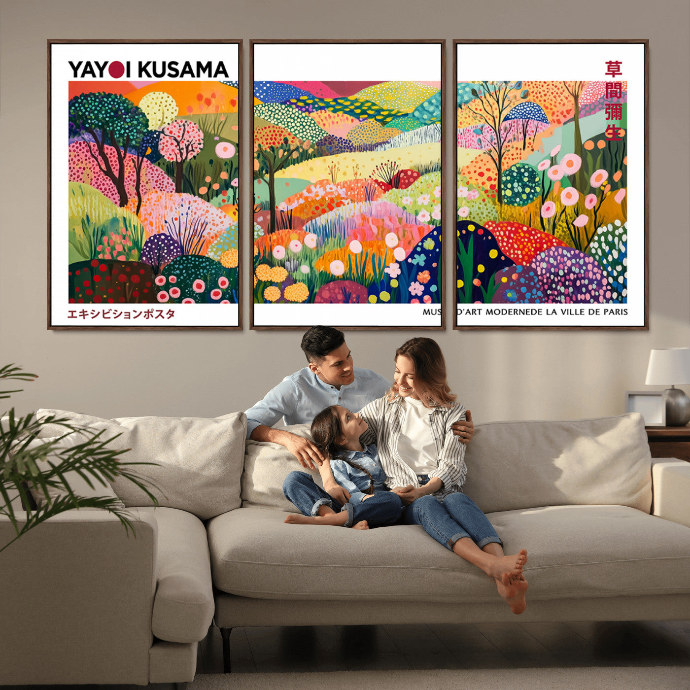 MGV-FC-60X30-3P - Framed Yayoi Kusama 1986 Wall Art Print – Japanese Wall Art Print, Wabi Sabi Yayoi Kusama Print -