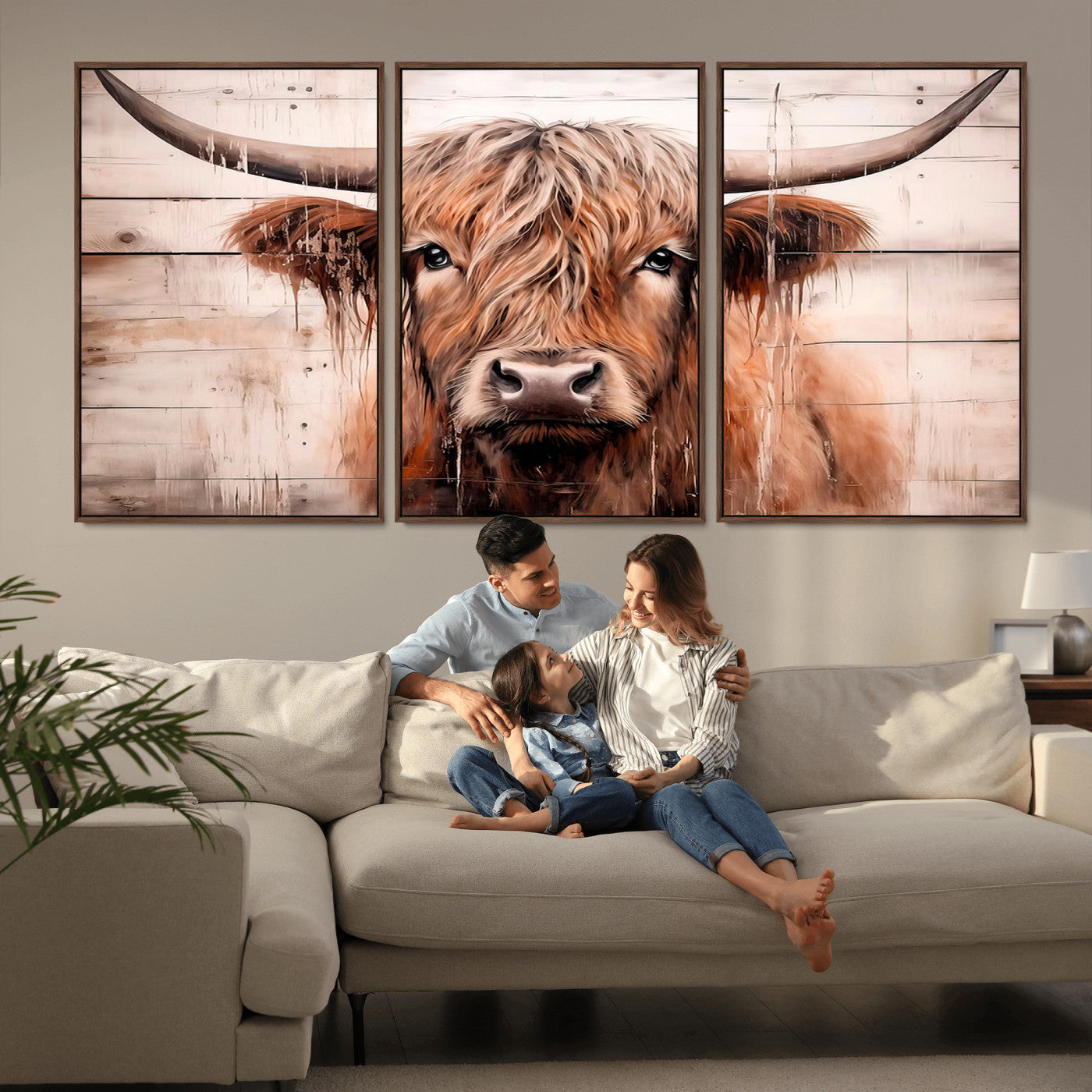 MGV-FC-60X30-3P - Vintage Scottish Highland Cow Cattle Art Print Farmhouse Wall Art Canvas Print