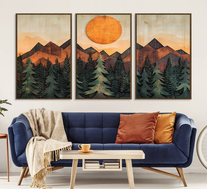 Sunset Mountain Landscape canvas wall art print featuring forest and wooden textures in green, brown, and orange.