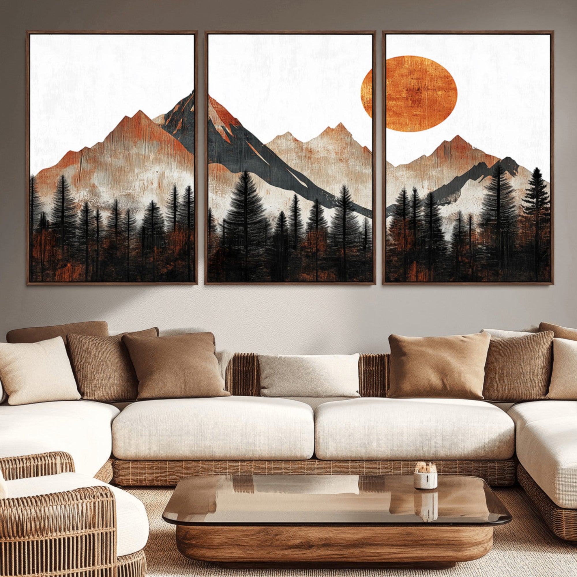 71366-MGV-CV-36X24-Modern Abstract Mountain Canvas Wall Art Print, Abstract Landscape Print, Rustic Sun and Mountains