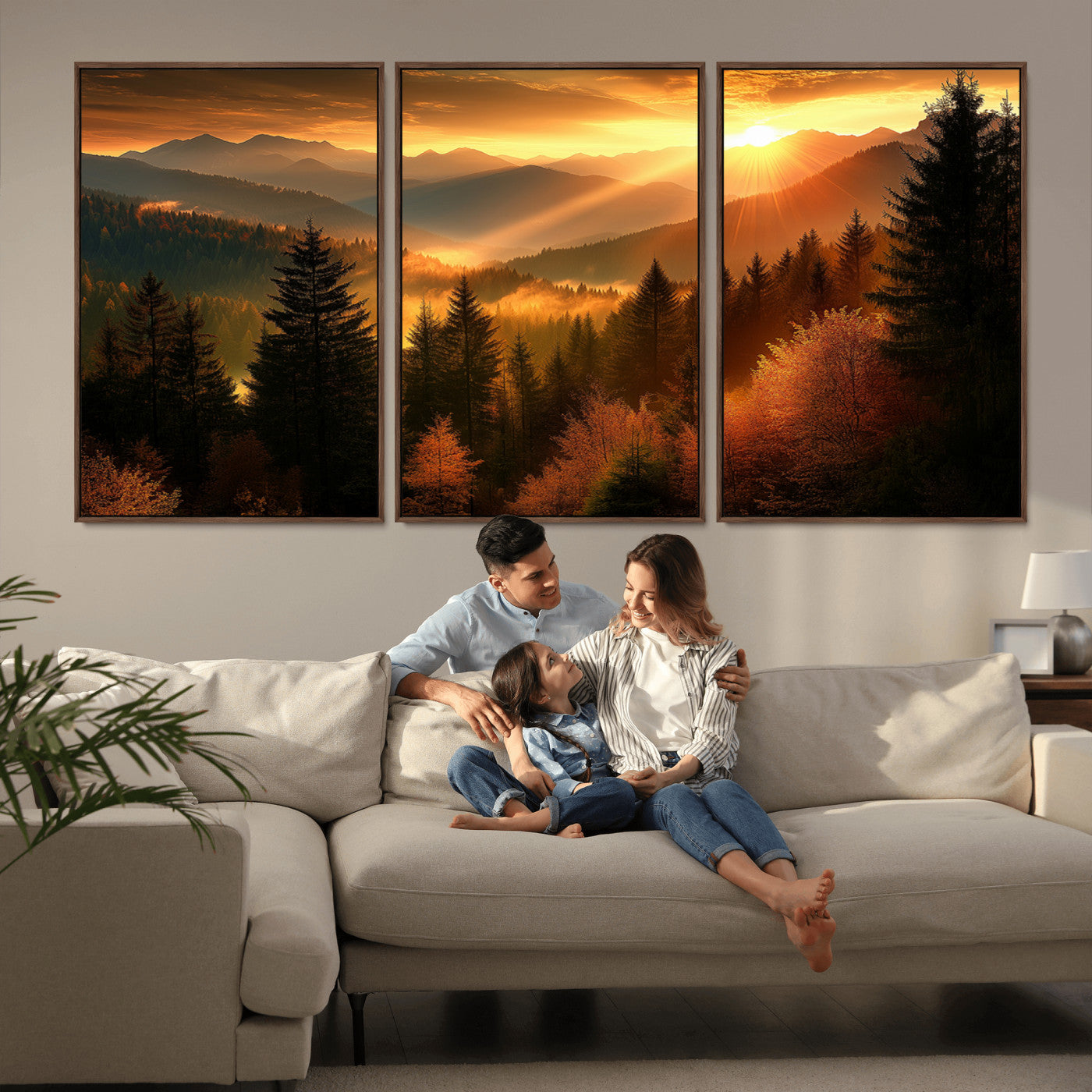 MGV-FC-60X30-3P - Golden Sunset Over Mountain Forest Canvas Wall Art Print - Warm Nature Landscape Print