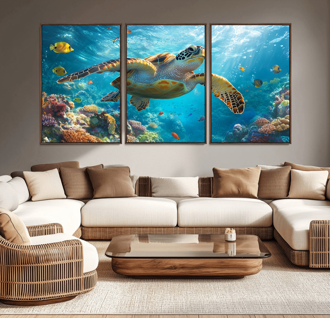 Sea Turtle Underwater Canvas Wall Art Print, Vibrant Ocean Wildlife Decor, Marine Wall Art