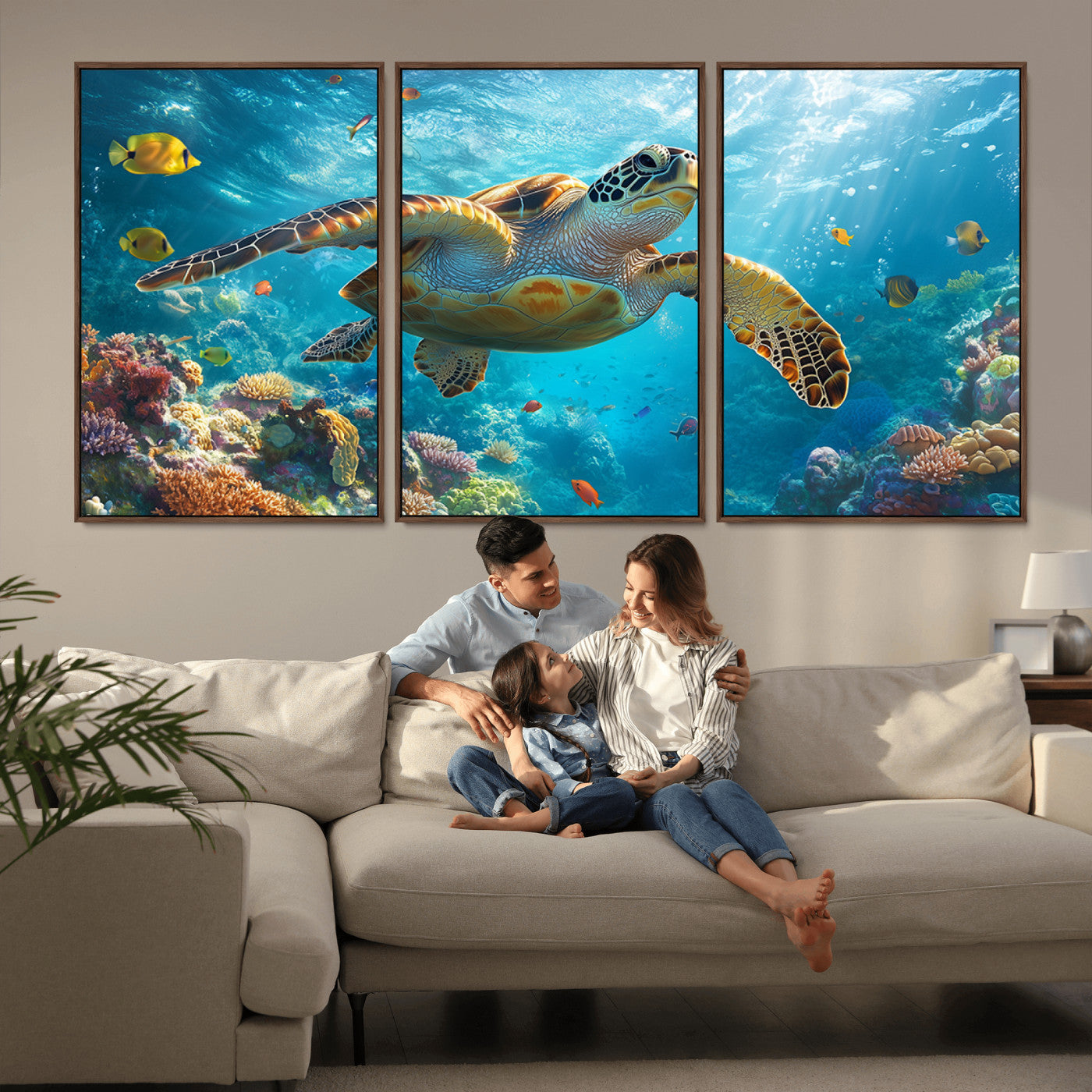MGV-FC-60X30-3P - Sea Turtle Underwater Canvas Wall Art Print - Vibrant Ocean Wildlife Decor, Marine Wall Art
