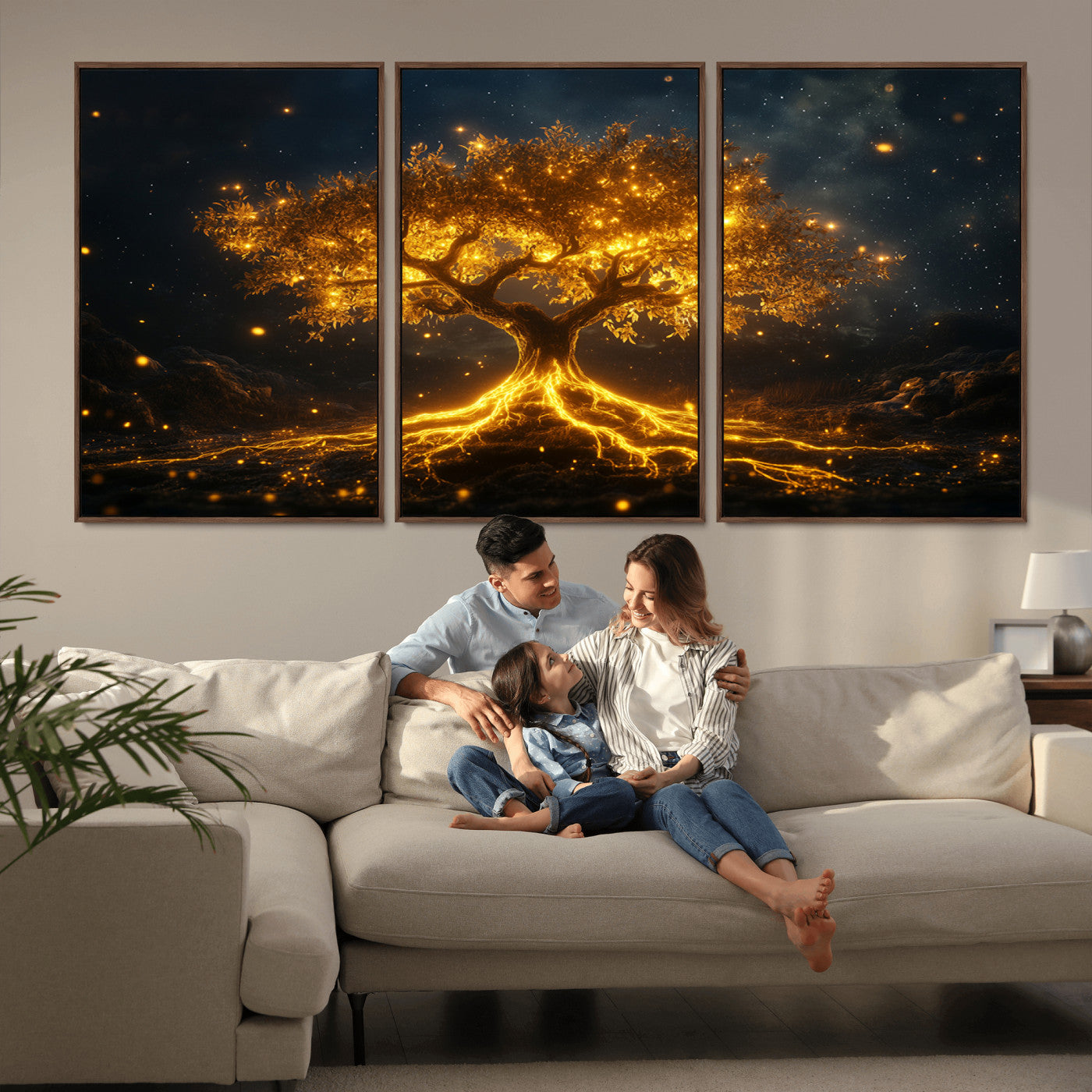 MGV-FC-60X30-3P - Golden Tree of Life Canvas Wall Art Print - Majestic Glowing Tree Design for Living Room, Office, or