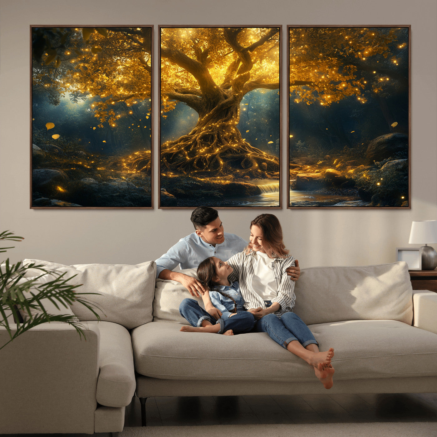 MGV-FC-60X30-3P - Golden Tree of Life Canvas Wall Art Print - Majestic Glowing Tree Wall Art Print