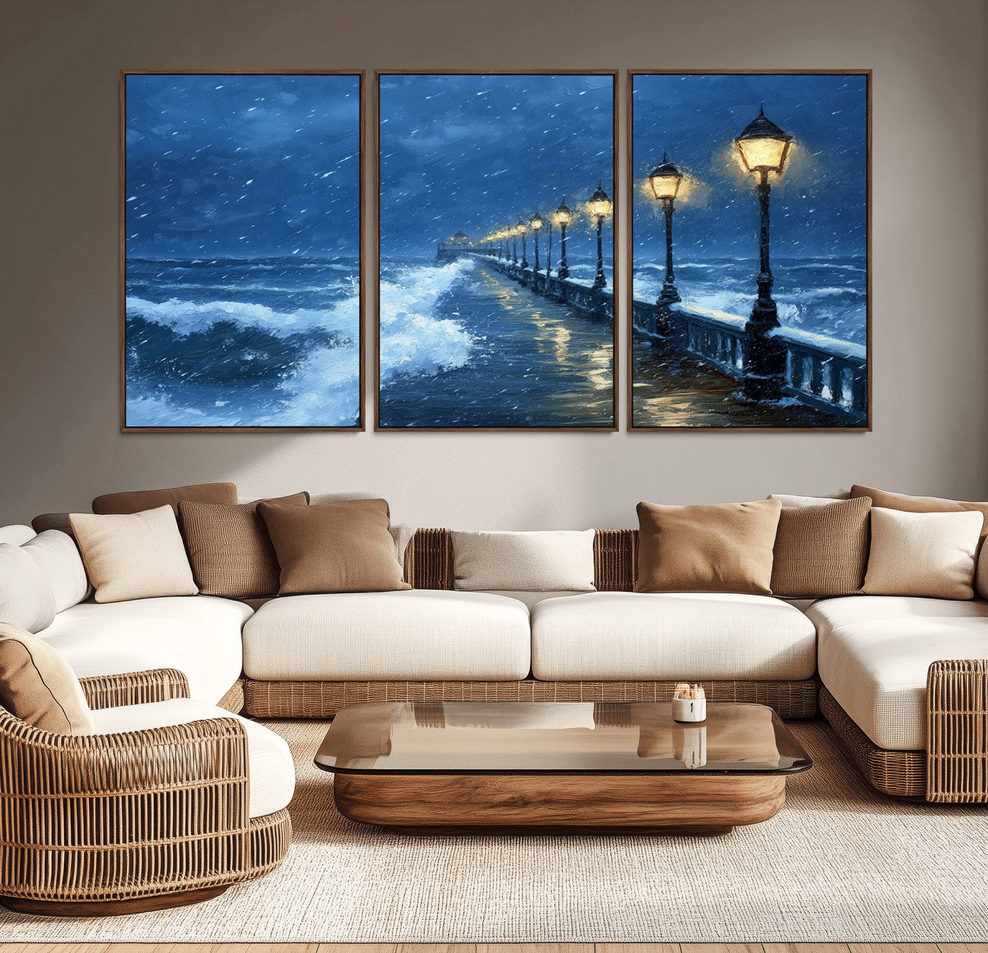 MGV-FC-60X30-3P - Stormy Ocean Pier Lights Canvas Wall Art Print - Large Moody Night Scene for Living Room, or Office,