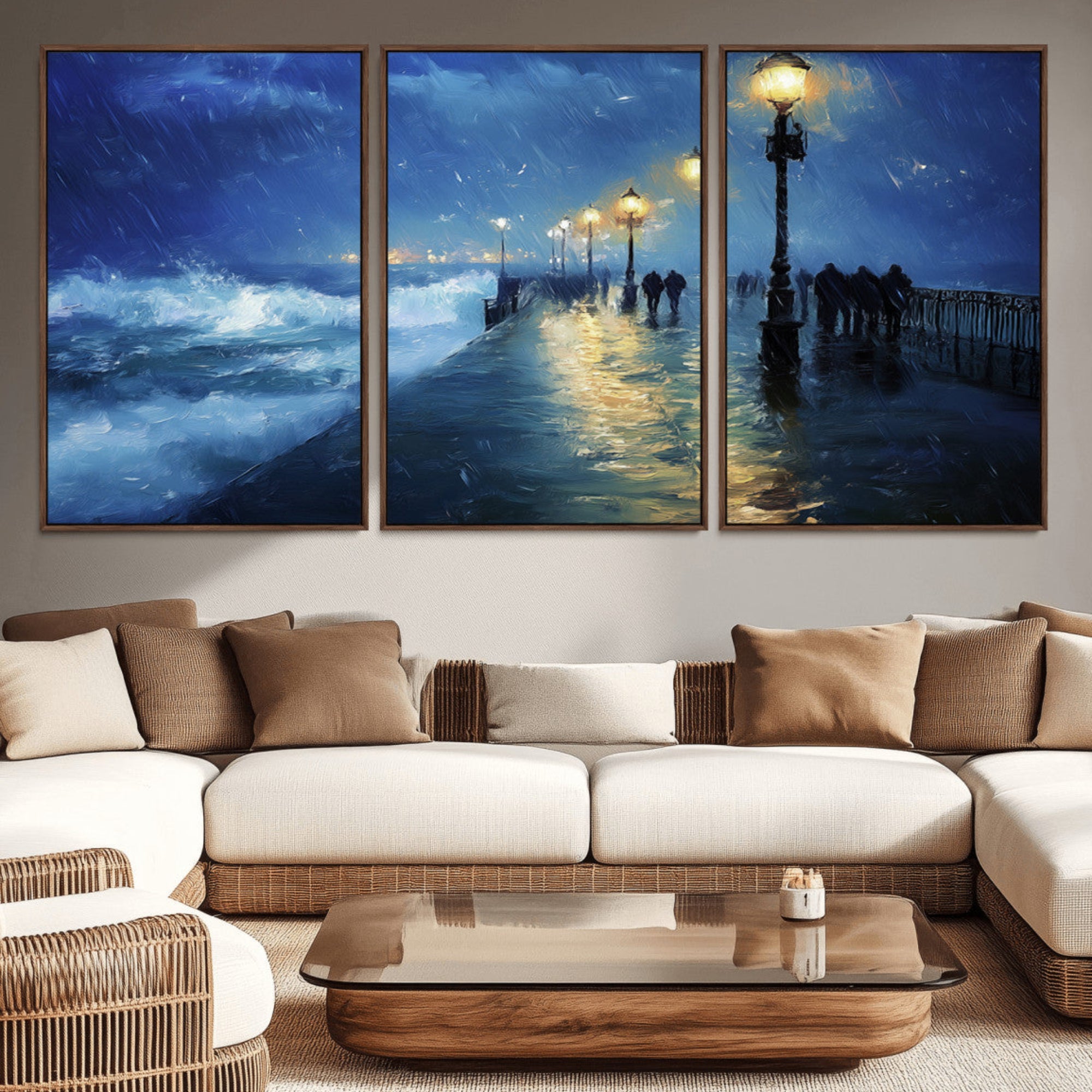 76572-MGV-CV-36X24-Abstract Stormy Ocean Pier Canvas Wall Art Print | Stormy Ocean Art | Large Moody Night Scene Print,