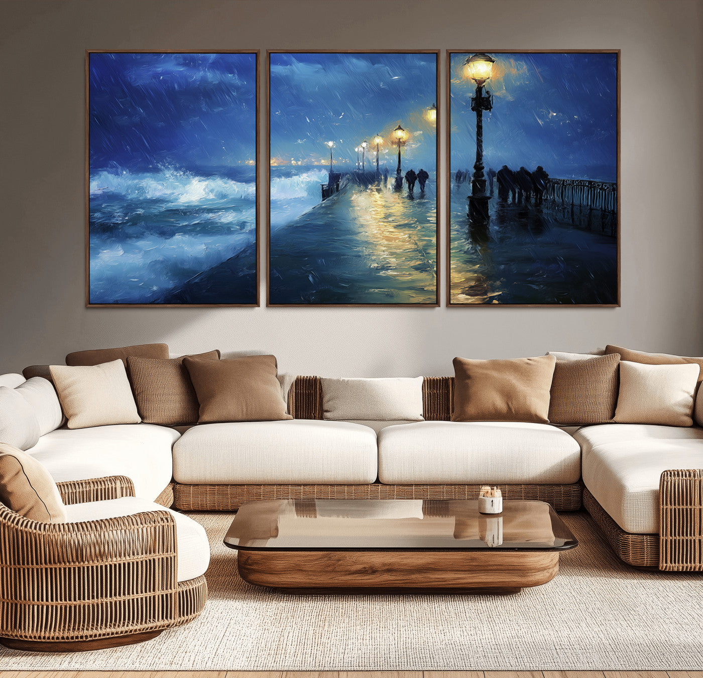 -Storm Ocean Pier Canvas Wall Art Print - Large Moody Night Scene Print, Seaside Wall Decor