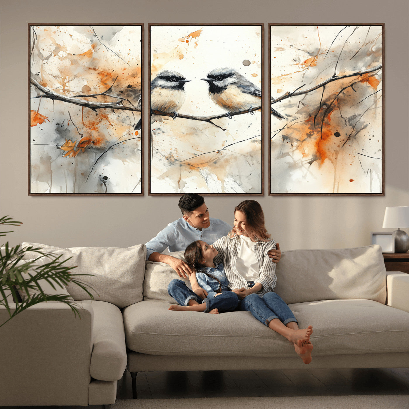 A soft and elegant watercolor painting of two chickadees perched on a delicate branch, surrounded by splashes of orange and neutral tones evoking a calm autumn day.