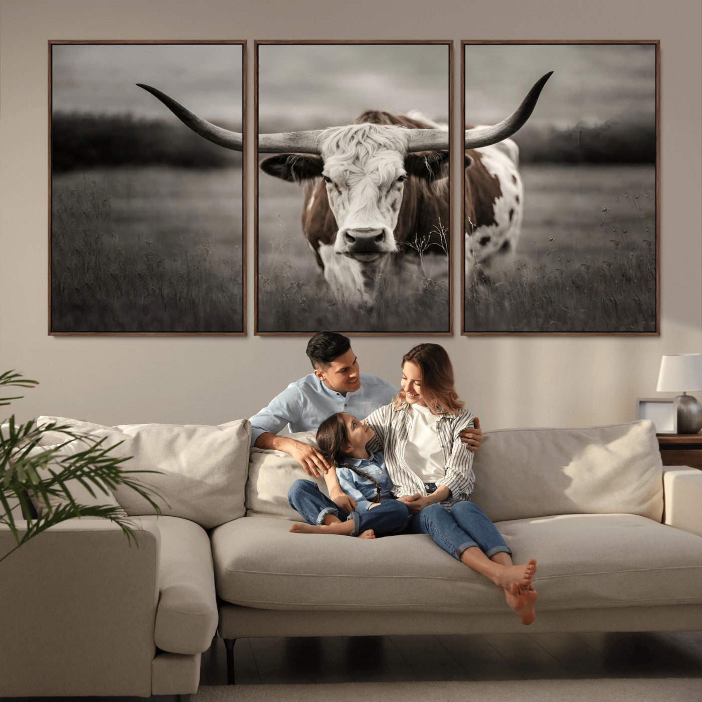MGV-FC-60X30-3P - Texas Longhorn Cow Canvas Wall Art Print - Large Rustic Longhorn Art for Living Room, Western Wall