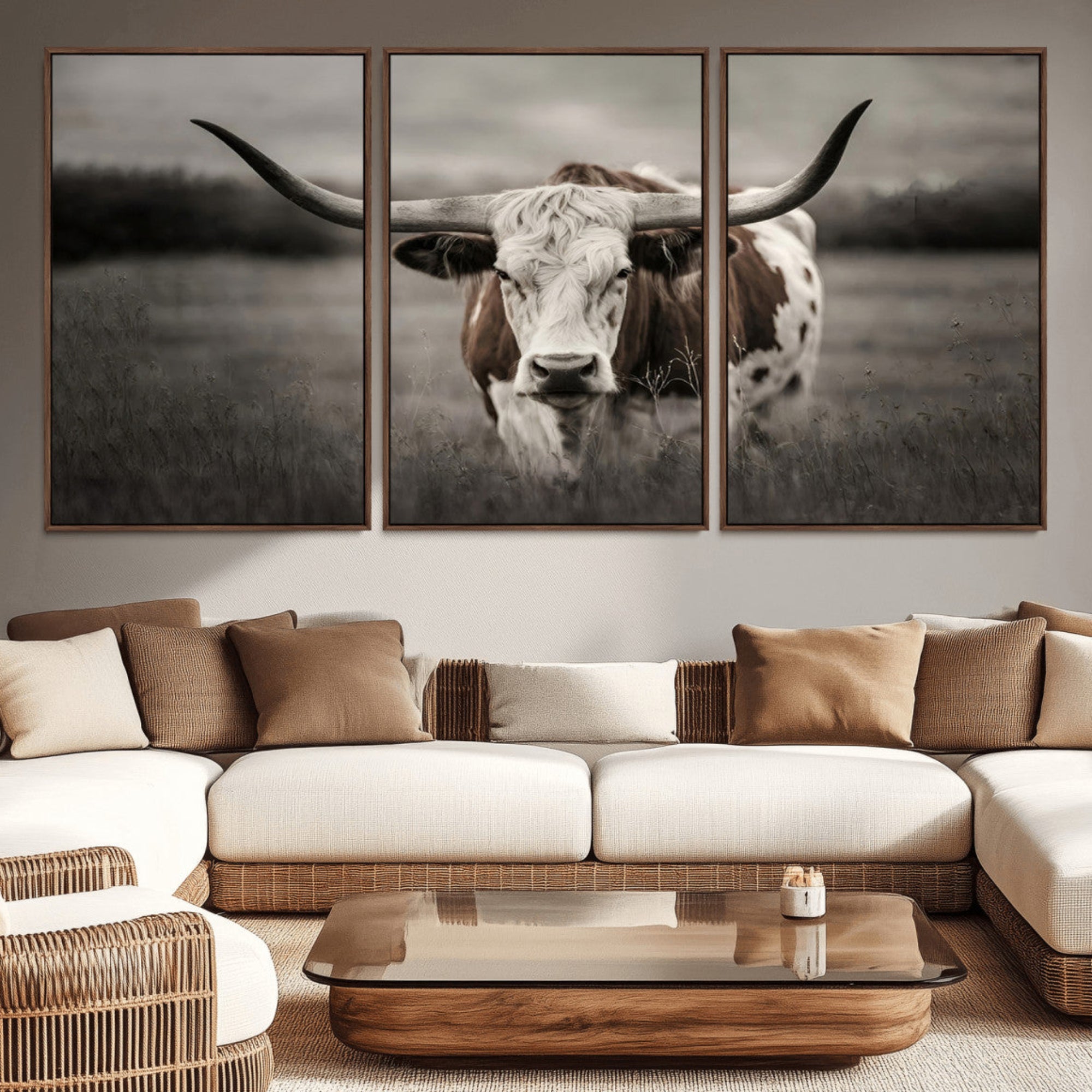 69238-MGV-CV-36X24-Texas Longhorn Cow Canvas Wall Art Print - Large Rustic Longhorn Art for Living Room, Western Wall