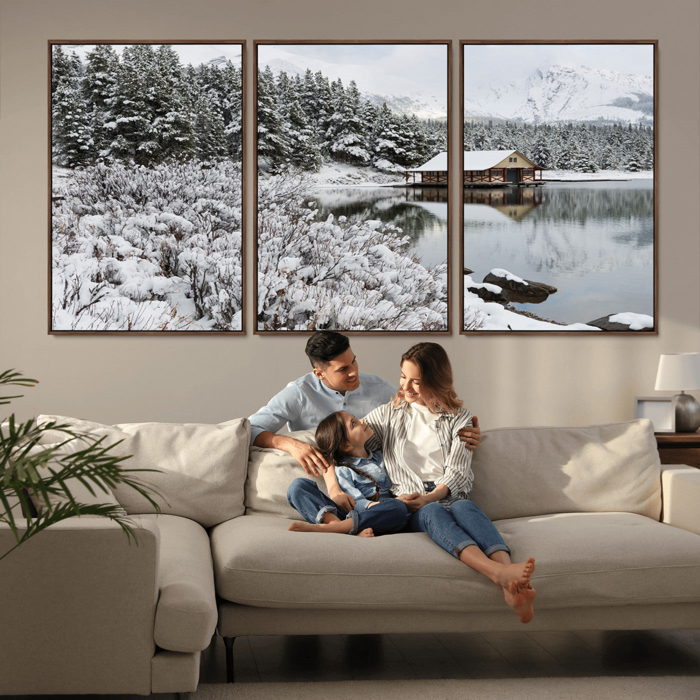 MGV-FC-60X30-3P - Winter Wall Art - Cabin by the Lake Canvas Wall Art - Serene Snowy Landscape with Mountain View,
