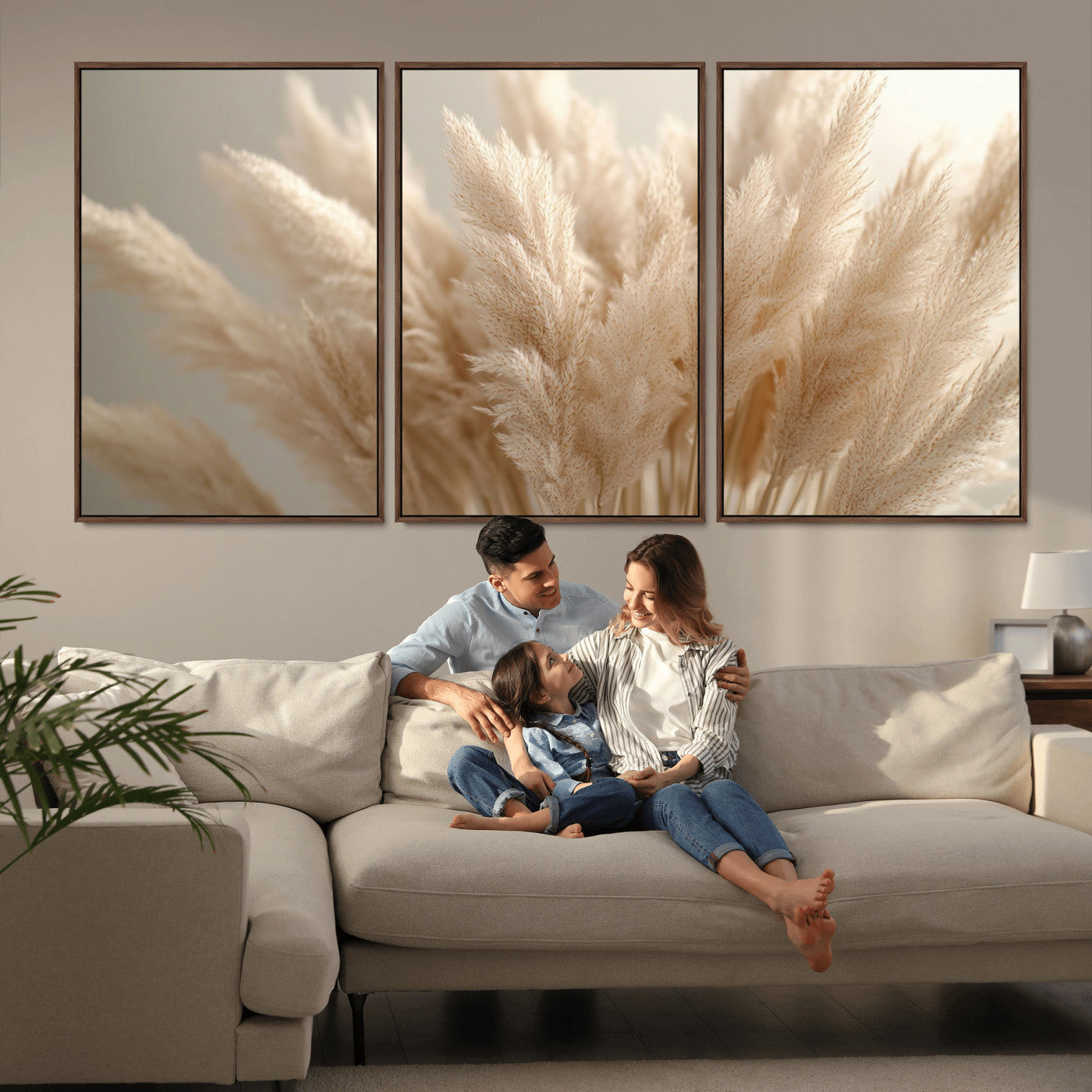 MGV-FC-60X30-3P - Pampas Grass Canvas Wall Art - Elegant Neutral Decor for Living Room, Boho Minimalist Artwork, Ready