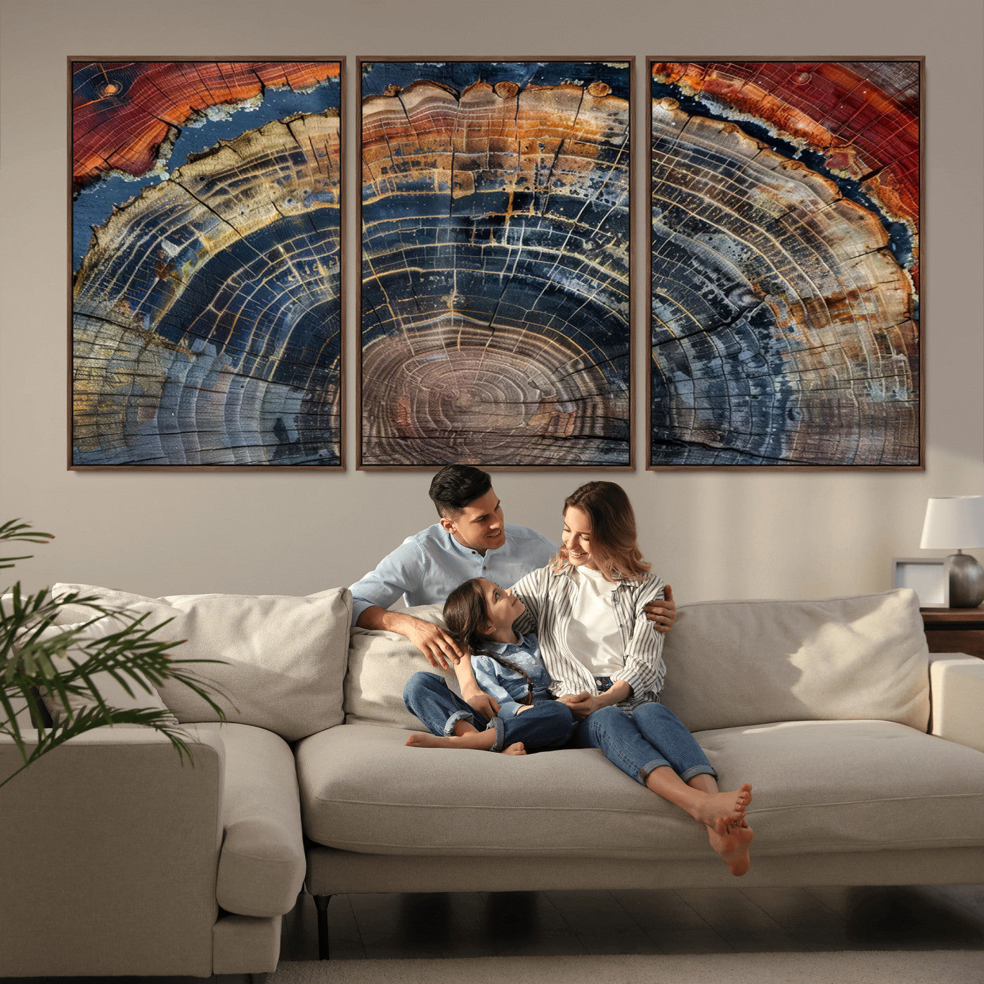 MGV-FC-60X30-3P - Abstract Tree Ring Wall Art, Colorful Framed Tree Ring Wall Decor, Minimalist Home Canvas Art,