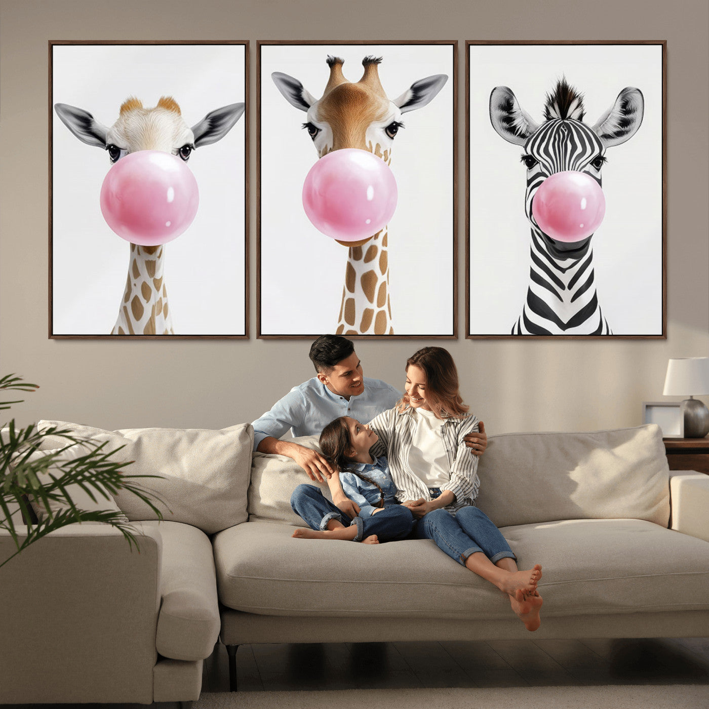MGV-FC-60X30-3P - Bubblegum Animals Canvas Wall Art - Playful Giraffe and Zebra Trio, Fun Nursery Decor for Kids'