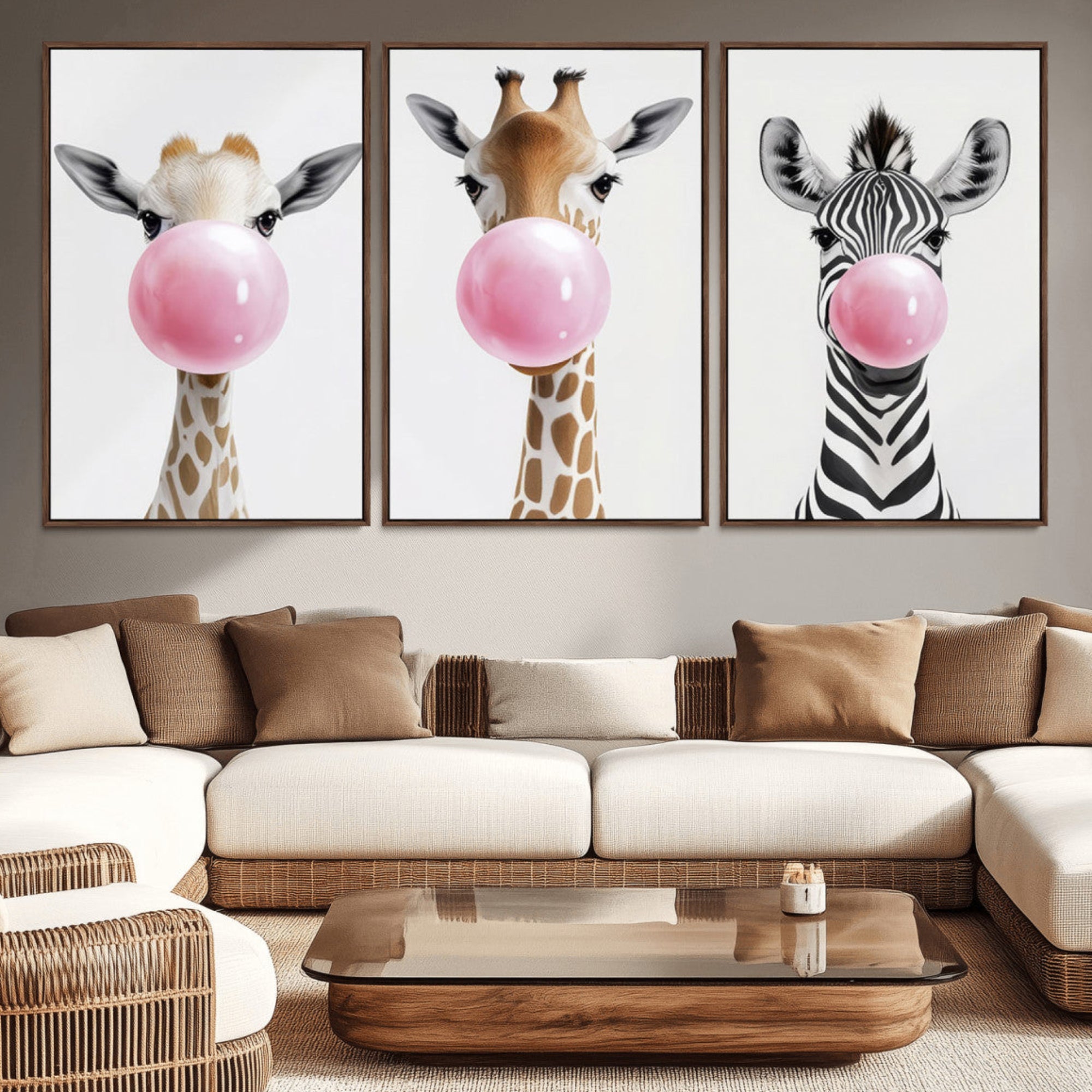 71987-MGV-CV-36X24-Bubblegum Animals Canvas Wall Art - Playful Giraffe and Zebra Trio, Fun Nursery Decor for Kids'