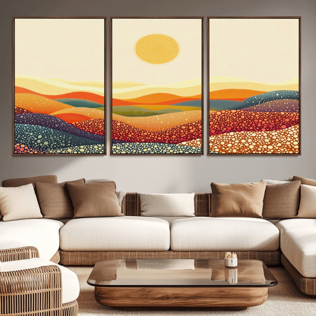 YAYOI KUSAMA Colorful Dot Art Landscape Canvas, Framed Abstract Pointillism with Rolling Hills and Sun