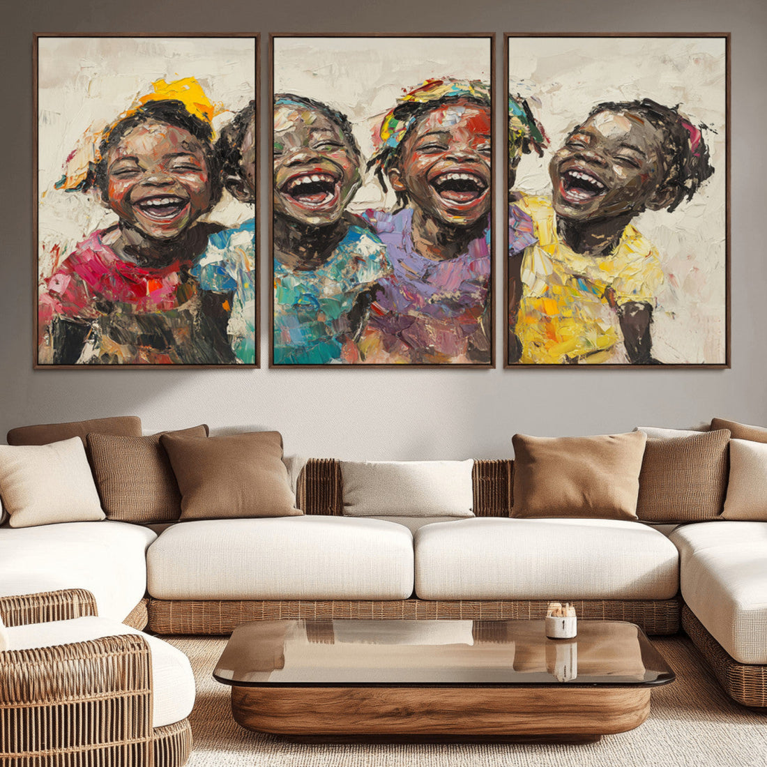 Shai Yossef Style Joyful Childhood Canvas Wall Art, Expressive Painting of Laughing Black Children