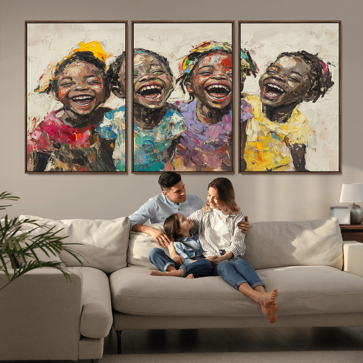 MGV-FC-60X30-3P - Shai Yossef style Joyful Childhood Canvas Wall Art - Expressive Impasto Painting of Black Children