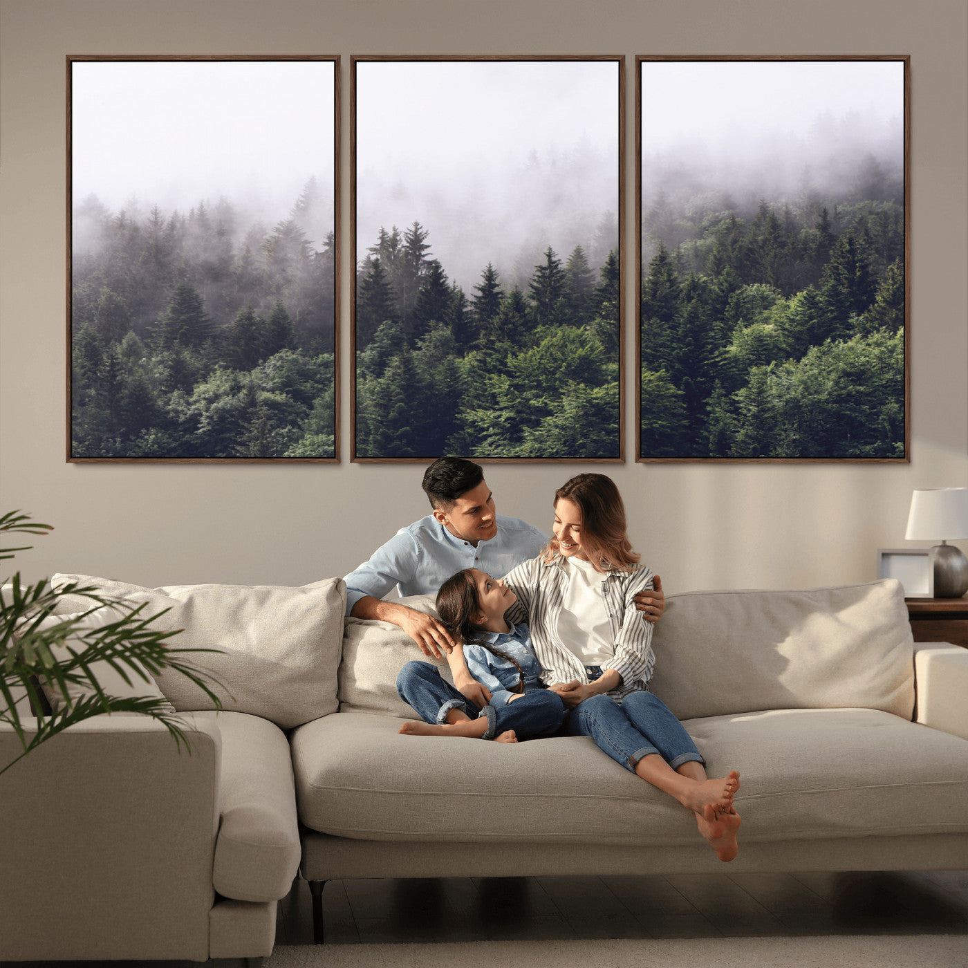 MGV-FC-60X30-3P - Misty Forest Canvas Wall Art – Serene Triptych Nature Print – Woodland Landscape Decor for Living