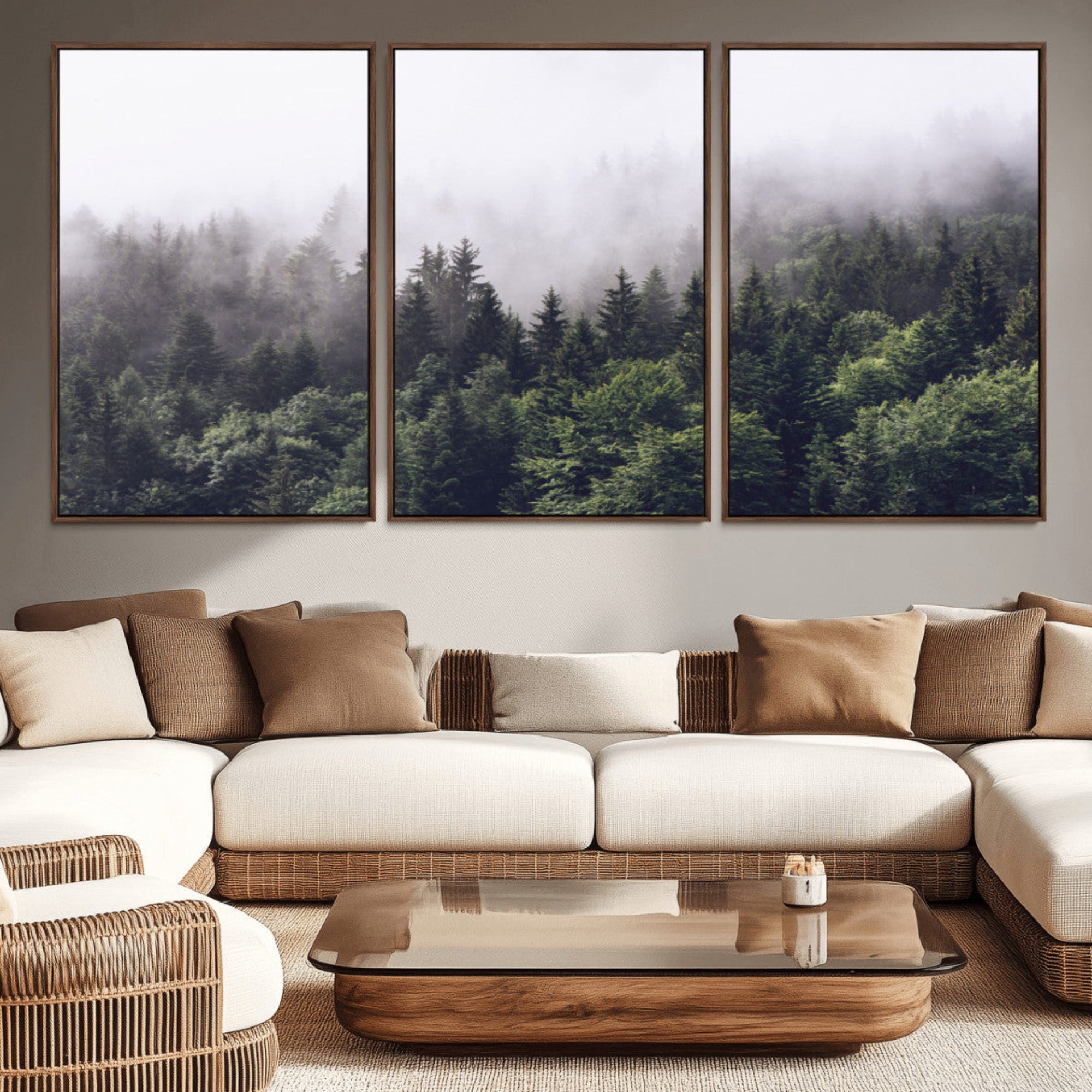 42578900-MGV-CV-36X24-Misty Forest Canvas Wall Art – Serene Triptych Nature Print – Woodland Landscape Decor for Living