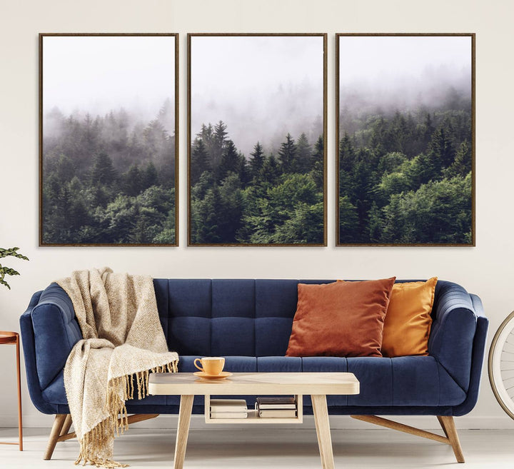 A serene triptych nature print featuring a misty forest, perfect as wall art.