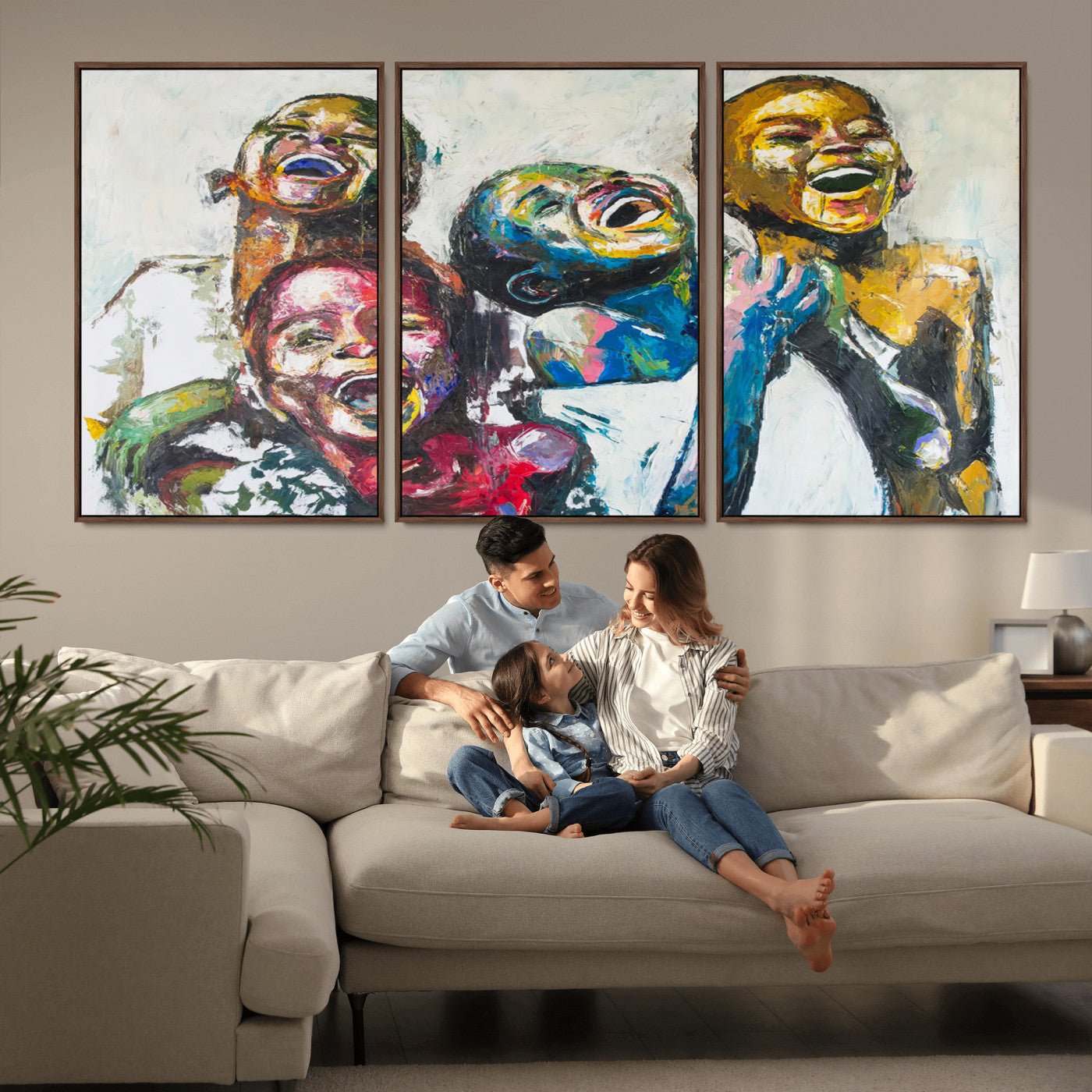 MGV-FC-60X30-3P - Shai Yossef Style Canvas Art - Joyful African Black Kids Impasto Painting with Vibrant Brushstrokes,