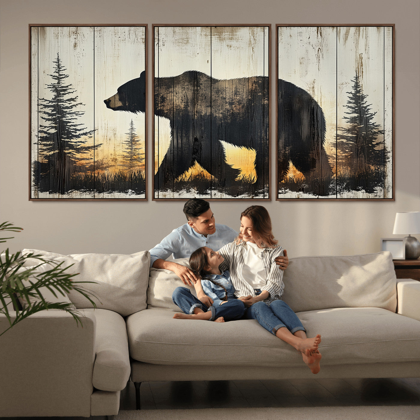 83875-MGV-CV-36X24-Vintage Bear Wall Art Canvas Print for Farmhouse - Mountain Wood Canvas Wall Art - Forest Silhouette