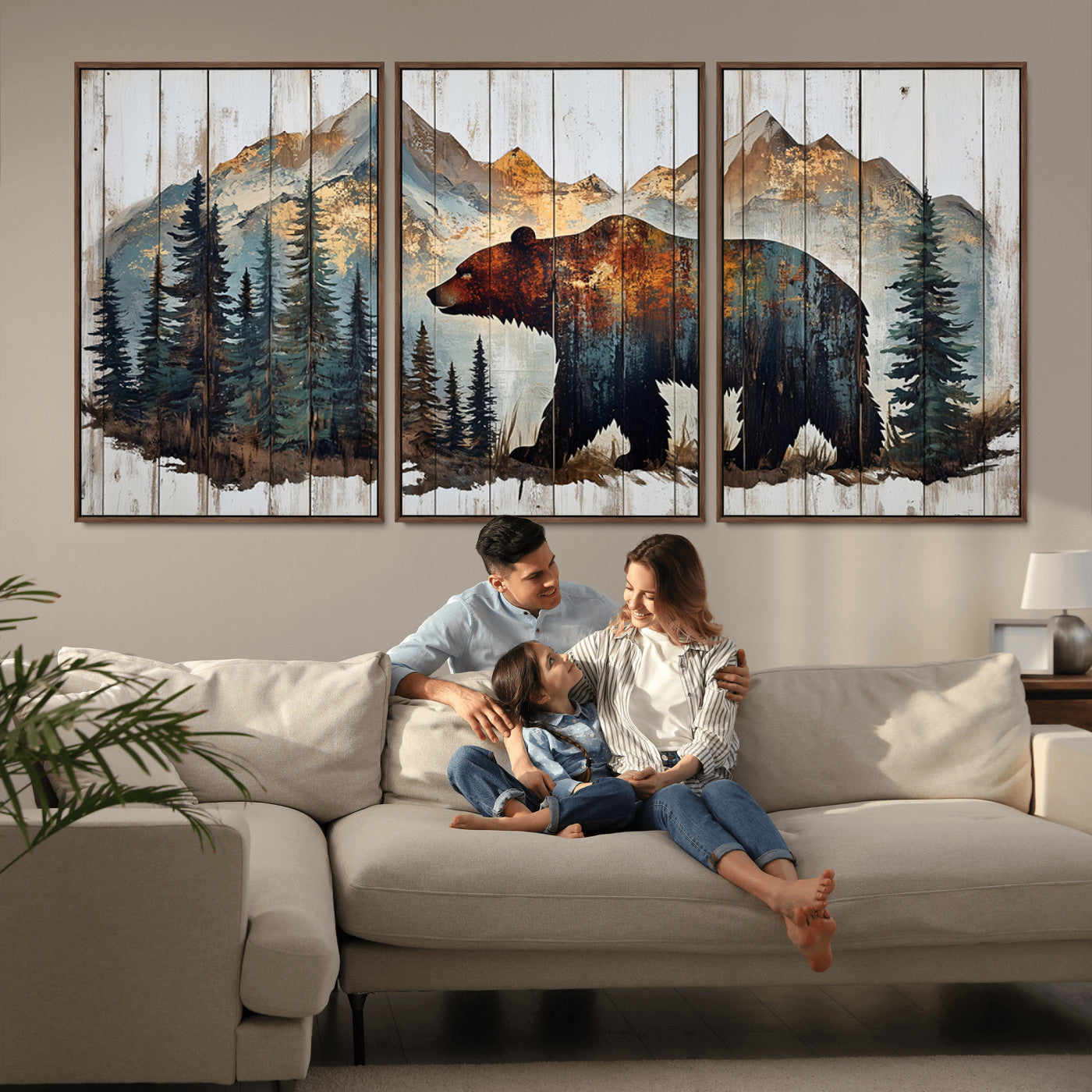 55777-MGV-CV-36X24-Rustic Grizzly 399 Bear and Mountain Wood Canvas Wall Art - Framed Nature Artwork with Forest