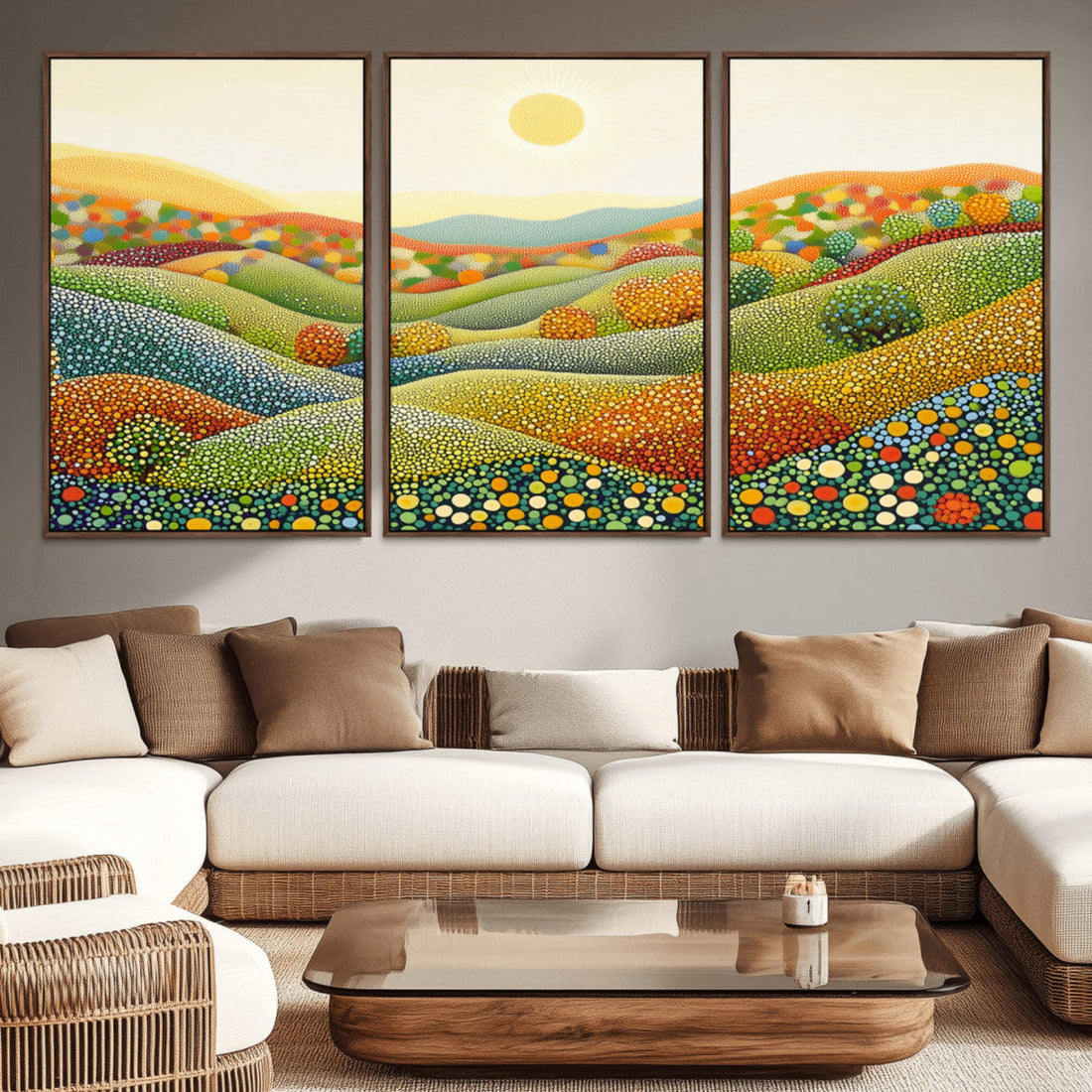 YAYOI KUSAMA Colorful Dot Art Landscape Canvas - Framed Abstract Pointillism with Rolling Hills and Sun